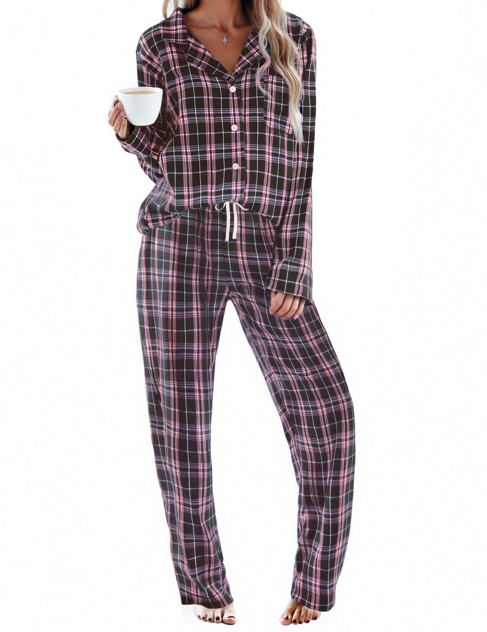 Ekouaer Womens Pajama Sets 2 Piece Cotton Plaid Pjs Long Sleeve Sleepwear Button Down Lounge Set with Pockets