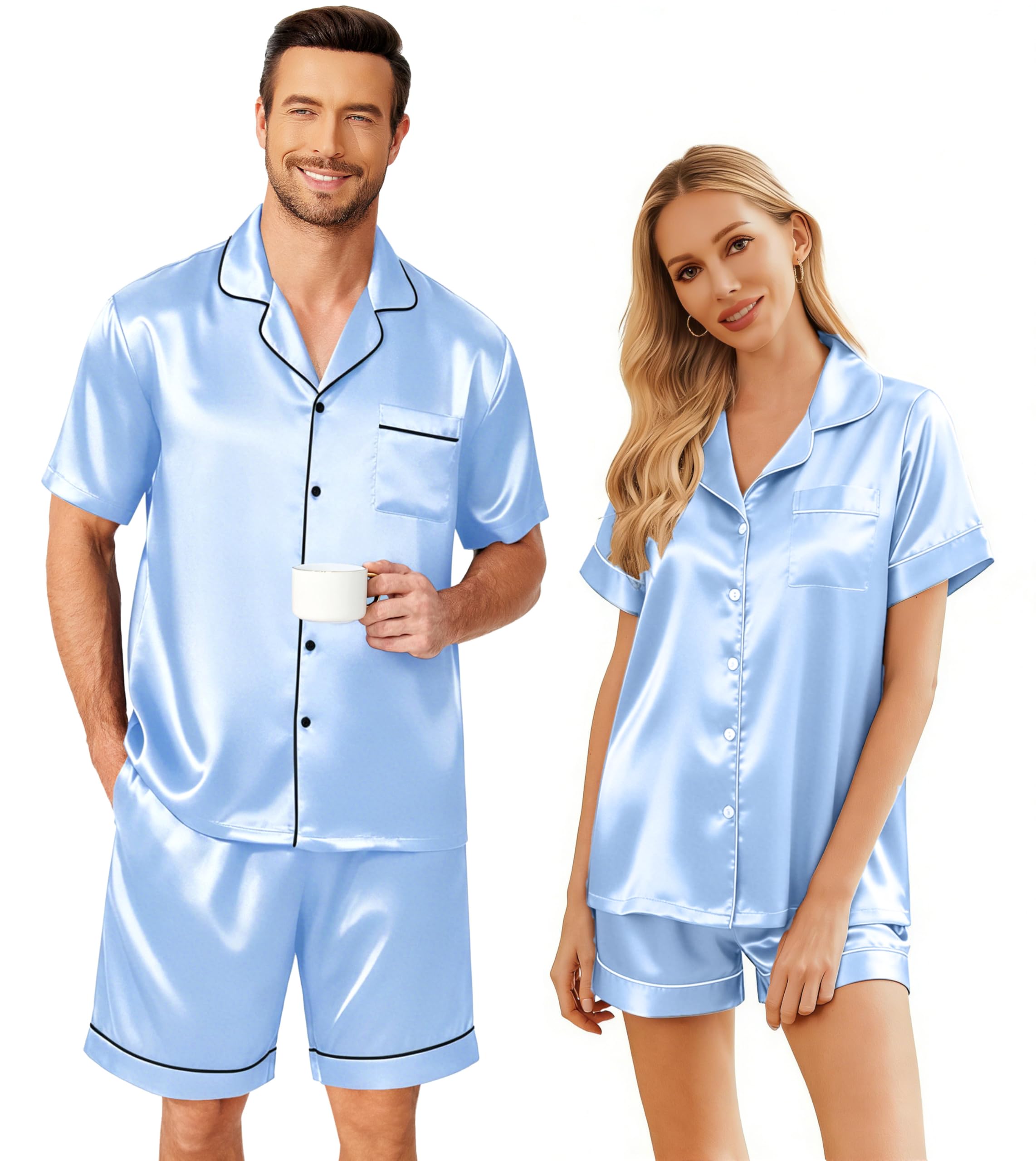 Ekouaer Couple Matching Pajamas Sets Silk Short Sleeve Button Down Sleepwear Satin Pjs Shorts Set Soft Loungewear S-XXL