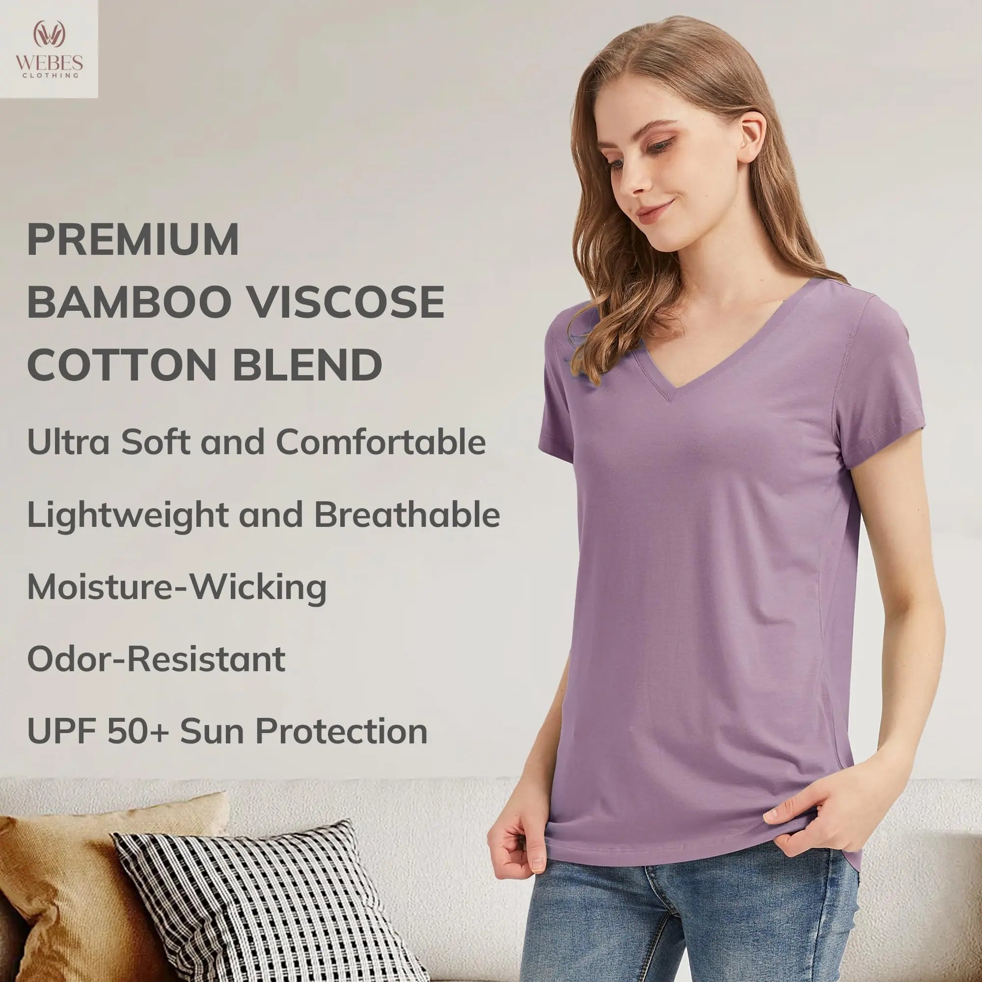netdraw Women's Ultra-Soft Bamboo Viscose Cotton V-Neck Short Sleeve T-Shirt, Casual Summer Tops for Lounge Sleep Pajama