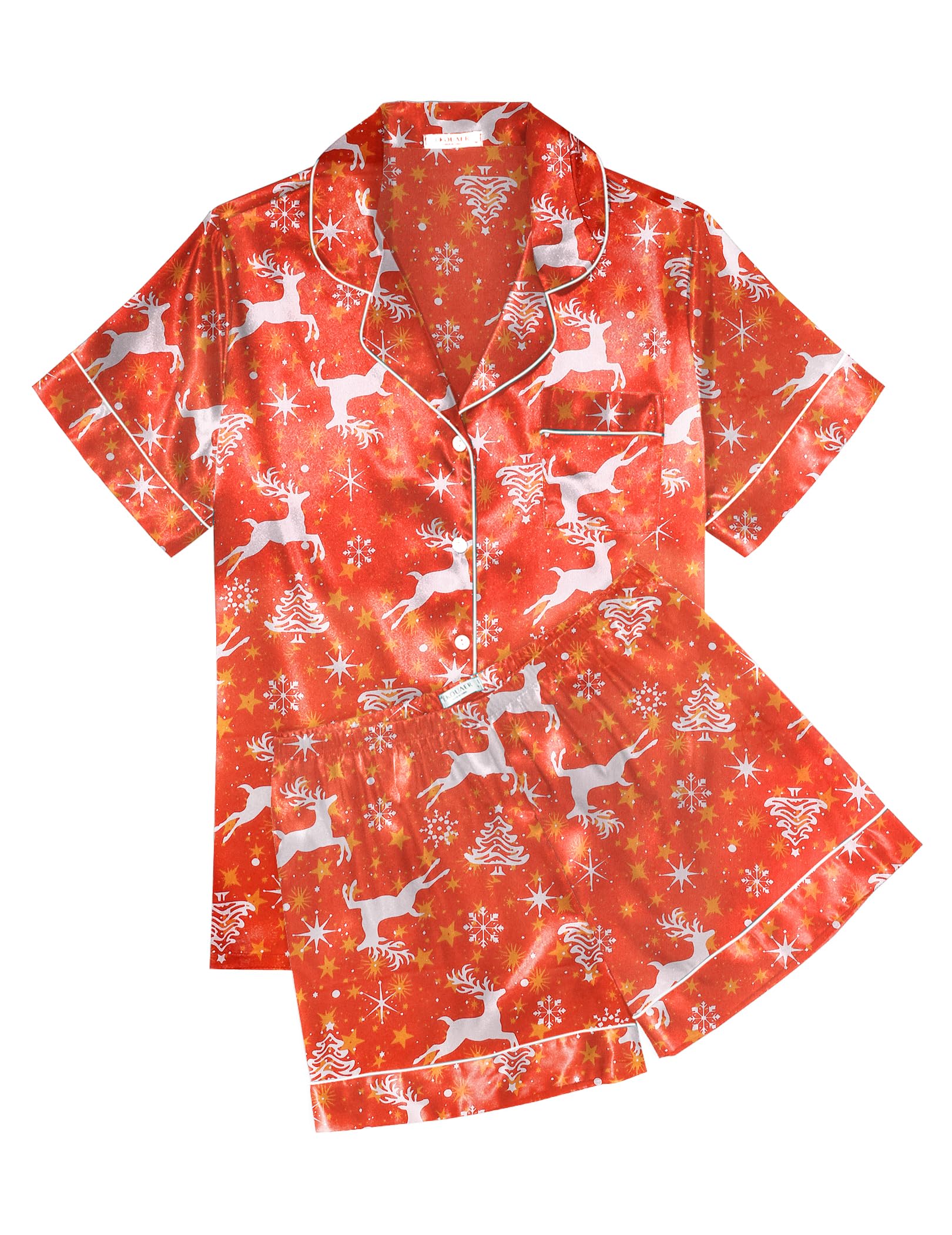 Ekouaer Womens Silk Satin Pajama Sets Soft Short Sleeve Button Down Sleepwear Top and Shorts 2 Piece Pjs Lounge Set