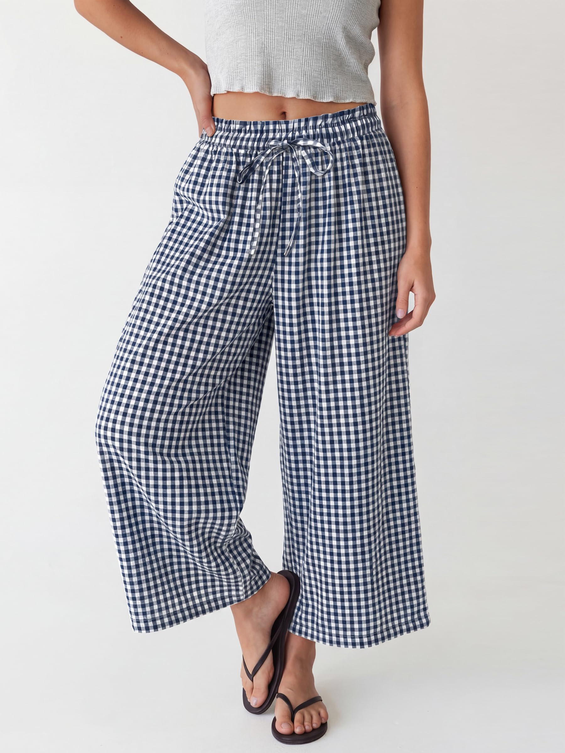 ANRABESS Womens Striped Gingham Palazzo Capri Pants Pajama Wide Leg Lounge Trousers Plaid Cute Crop PJ Bottoms with Pockets