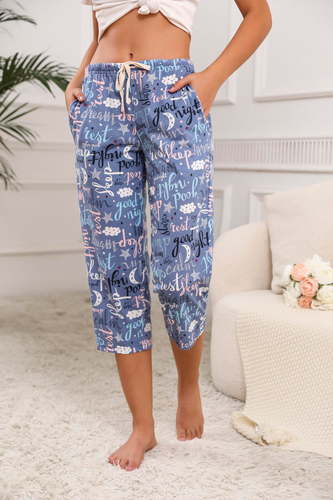 PNAEONG 3 Pack Women Pajama Pants Capri Length Drawstring Pj Bottoms Sleep Lounge Pants with Pockets S-3XL