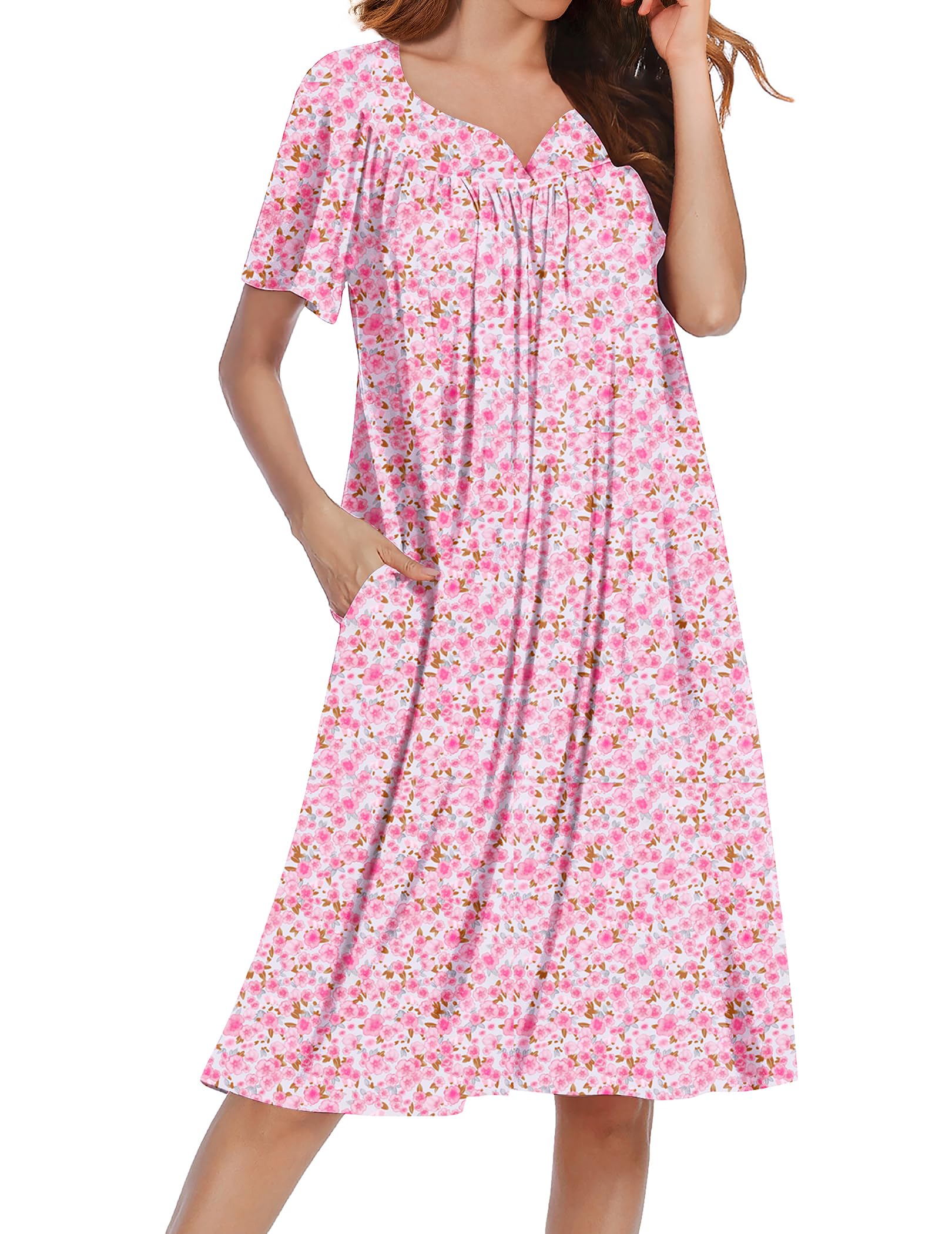 Ekouaer Nightgowns for Women House Dress Short Sleeve Moo Moo with Pockets | Pleated Mumu Dresses V Neck Sleepwear Short Sleeve Night Gowns Soft Sleep Shirts Plus Size Night Shirts Ladies Lounge Dress WEBE CLOTHING