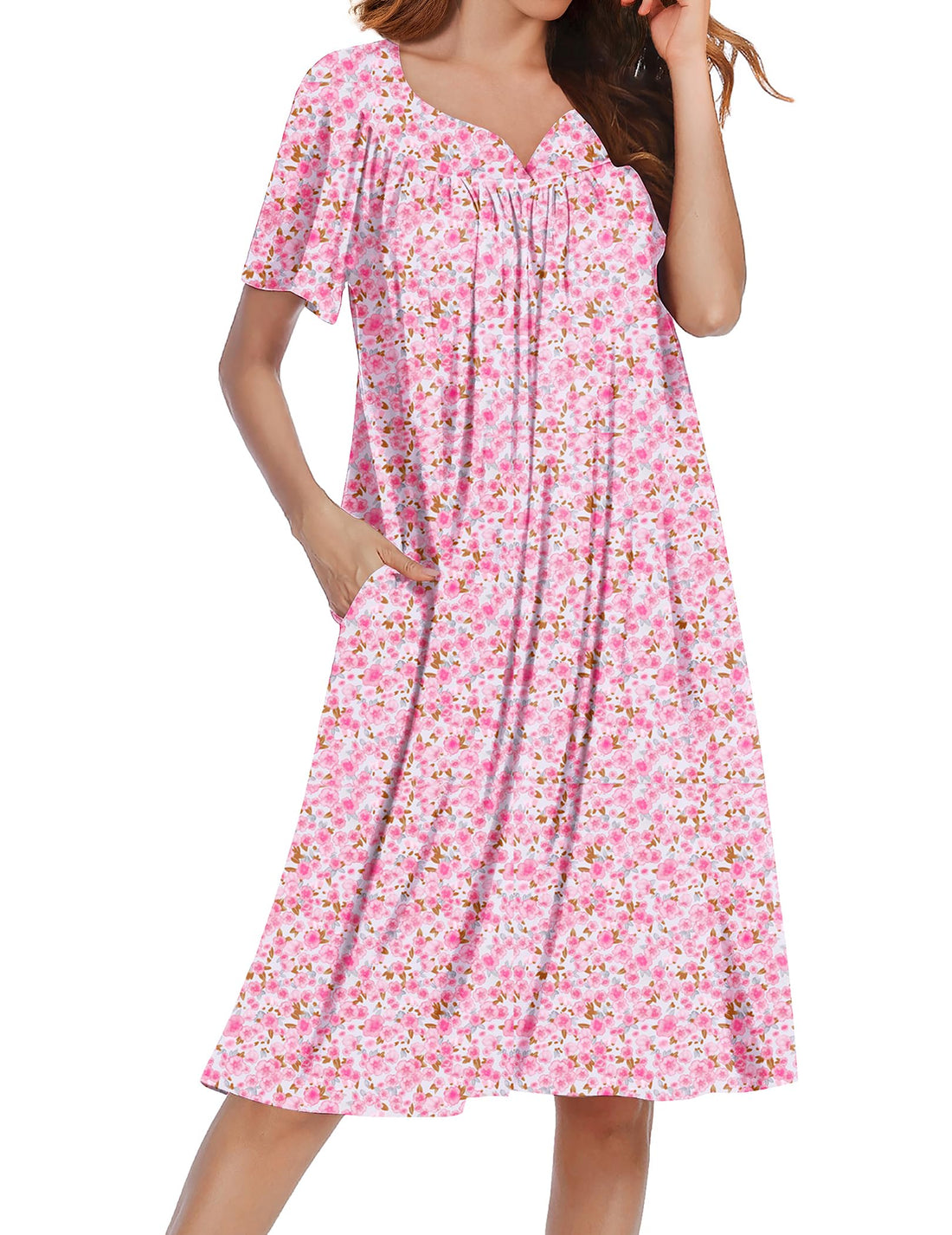 Ekouaer Nightgowns for Women House Dress Short Sleeve Moo Moo with Pockets | Pleated Mumu Dresses V Neck Sleepwear Short Sleeve Night Gowns Soft Sleep Shirts Plus Size Night Shirts Ladies Lounge Dress WEBE CLOTHING