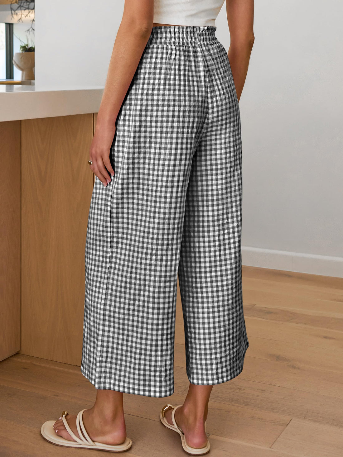 ANRABESS Womens Striped Gingham Palazzo Capri Pants Pajama Wide Leg Lounge Trousers Plaid Cute Crop PJ Bottoms with Pockets