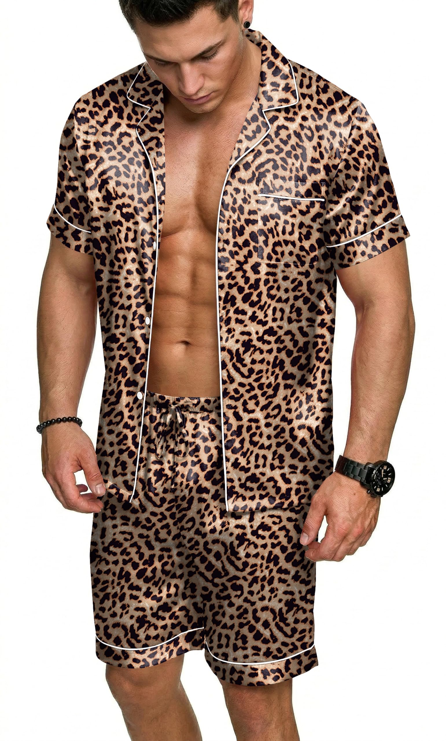 Ekouaer Mens Silk Satin Pajamas Set, Short Sleeve Sleepwear Lightweight Button Up Lounge Pjs Set with Pockets S-4XL WEBE CLOTHING