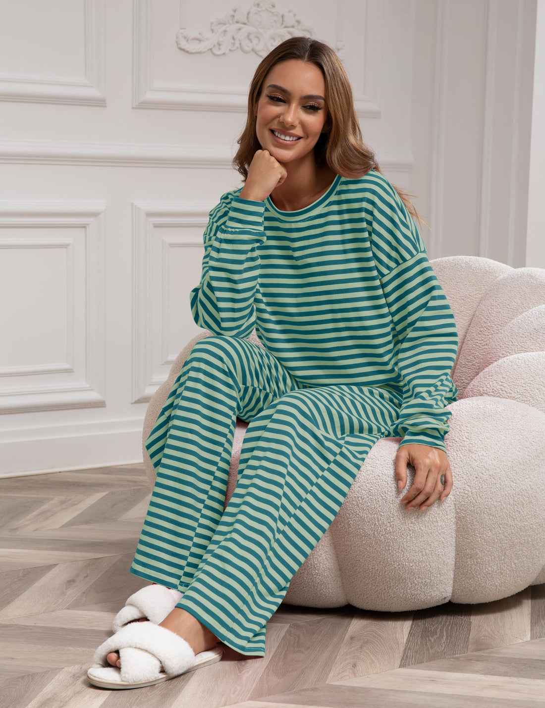 MISSACTIVER Women's Striped 2 Piece Lounge Set Casual Long Sleeve T-Shirt Drawstring Wide Leg Pants Matching Pajamas Set