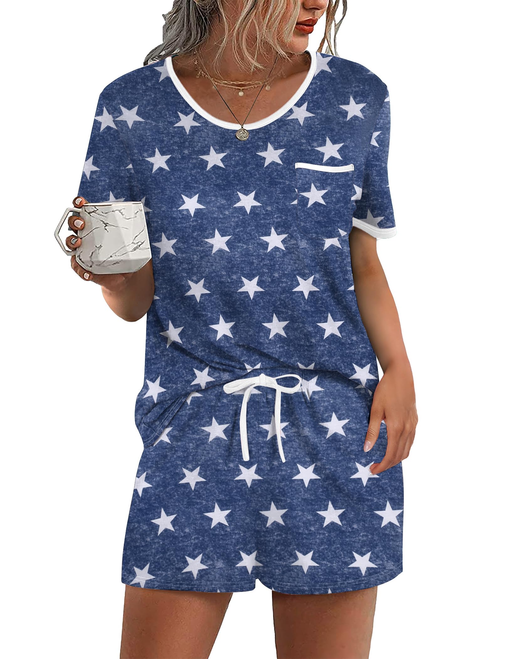 Ekouaer Pajama Set for Women 2 Piece Lounge Set Short Sleeve Tops and Shorts Soft Sleepwear, Chest Pocket WEBE CLOTHING