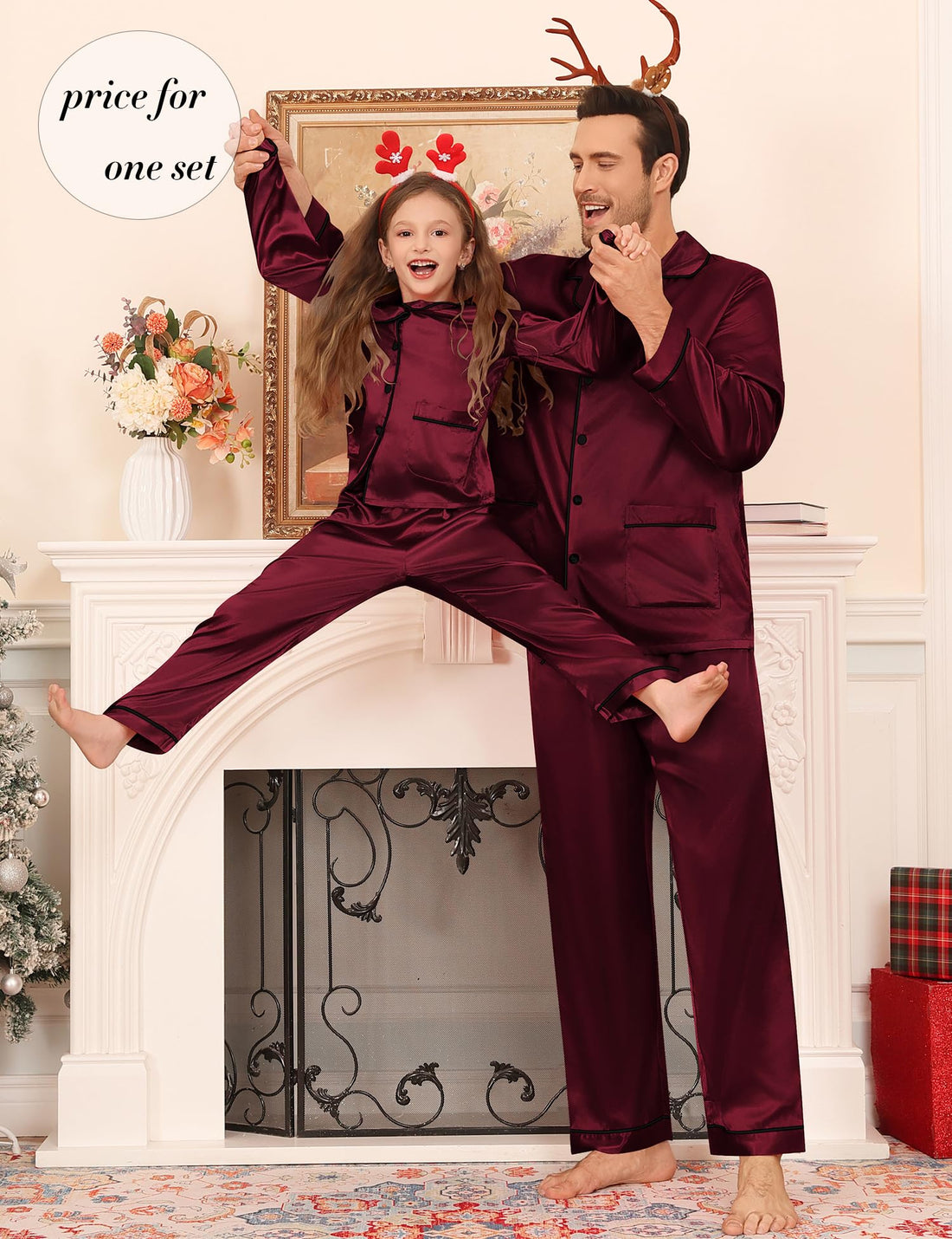 SWOMOG Matching Family Pajamas Set Women & Men & Kids Silk Satin Pjs 2 Pcs Long Sleeve Button Down Sleepwear with 2 Pockets