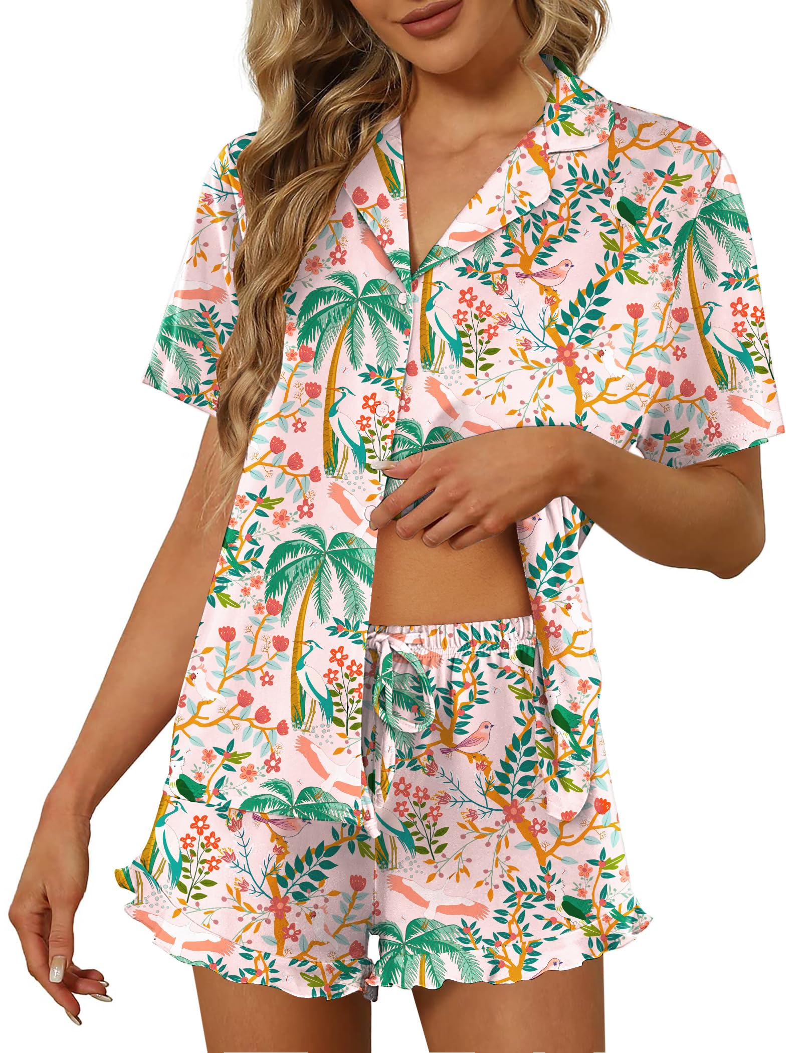 Ekouaer Pajamas Set for Women Short Sleeve Sleepwear Button Down Pjs Lounge Sets Soft Nightwear