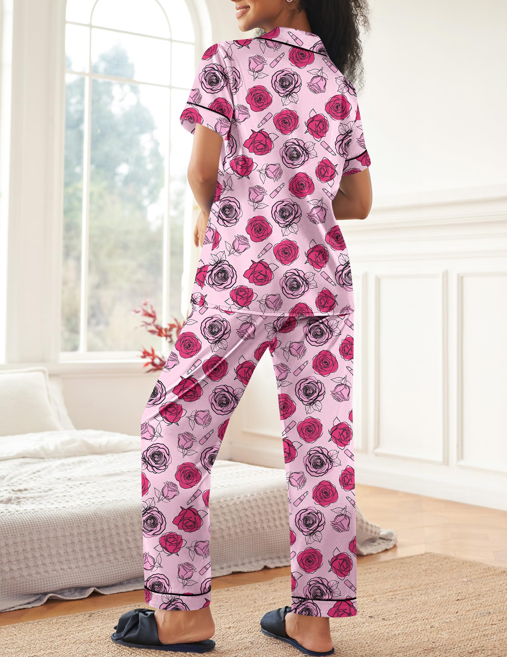 Ekouaer Womens Silky Satin Pajamas Set Short Sleeve Button Down Sleepwear 2 Piece Lounge Set Pj Set WEBE CLOTHING