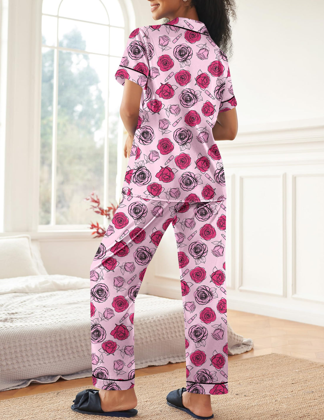 Ekouaer Womens Silky Satin Pajamas Set Short Sleeve Button Down Sleepwear 2 Piece Lounge Set Pj Set WEBE CLOTHING