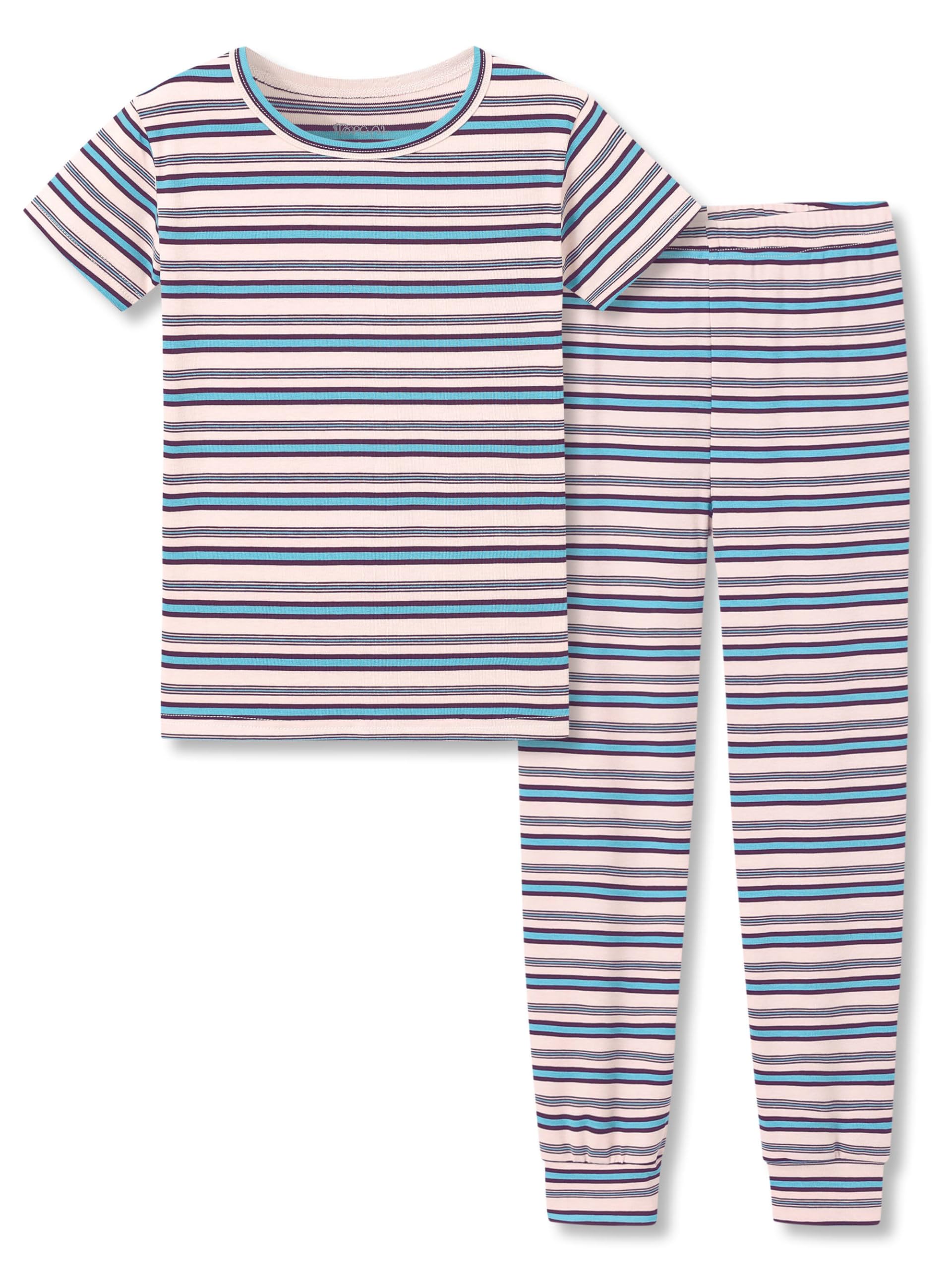 Topgal Summer Pajamas for Unisex Kids - Purple & Brown Stripe Snug Fit Pull-On Short Sleeve Sleepwear Pjs Set Size 2T-10
