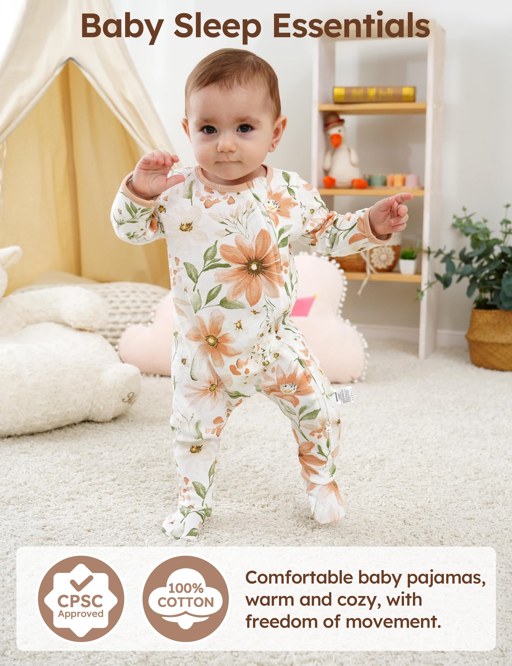 Unnivoll Baby Pajamas 100% Cotton Baby Sleepers for Newborn 0-3 3-6 6-9 Months 3Pcs Footie Pajamas Baby Boys Girls Clothes