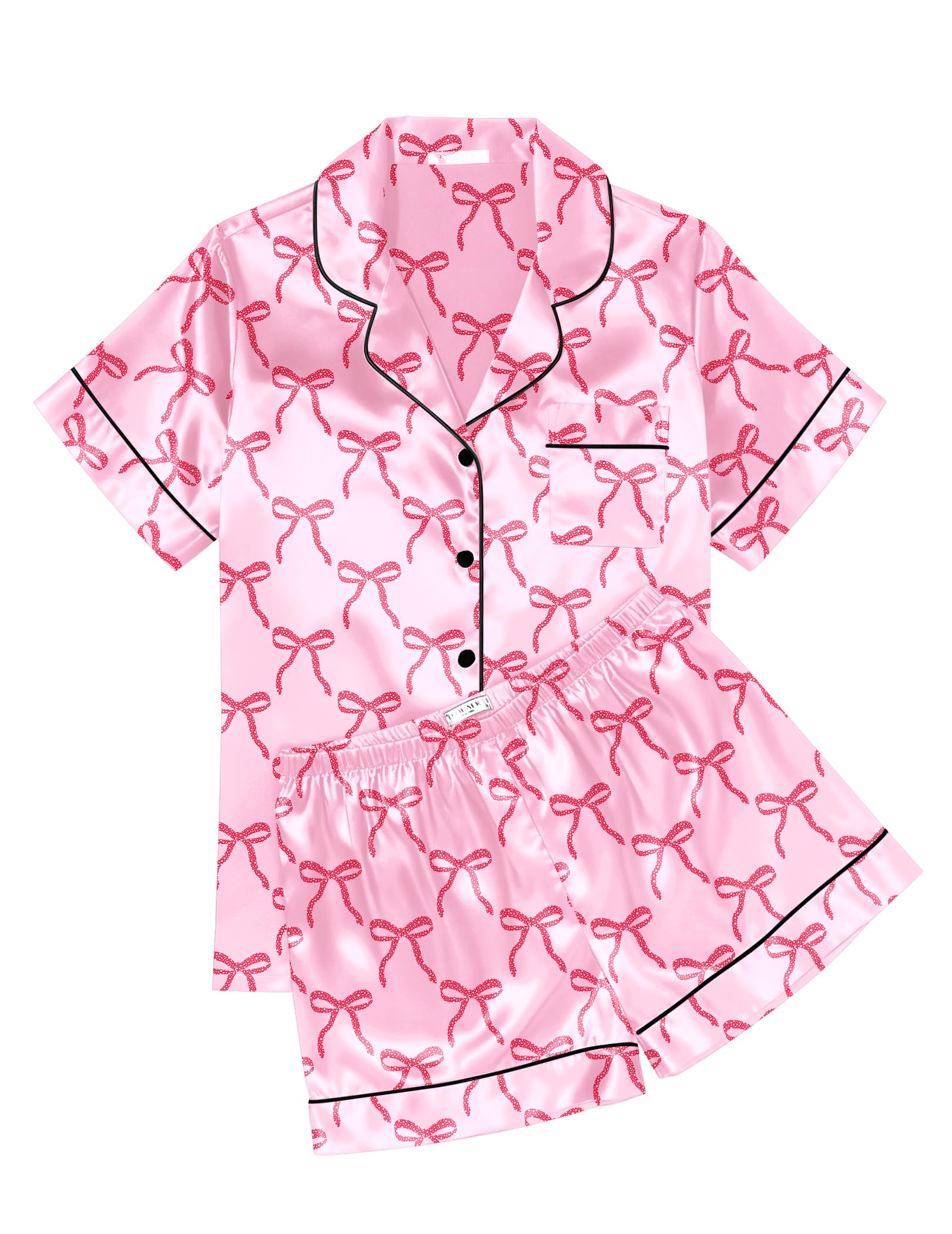 Ekouaer Womens Silk Satin Pajama Sets Soft Short Sleeve Button Down Sleepwear Top and Shorts 2 Piece Pjs Lounge Set