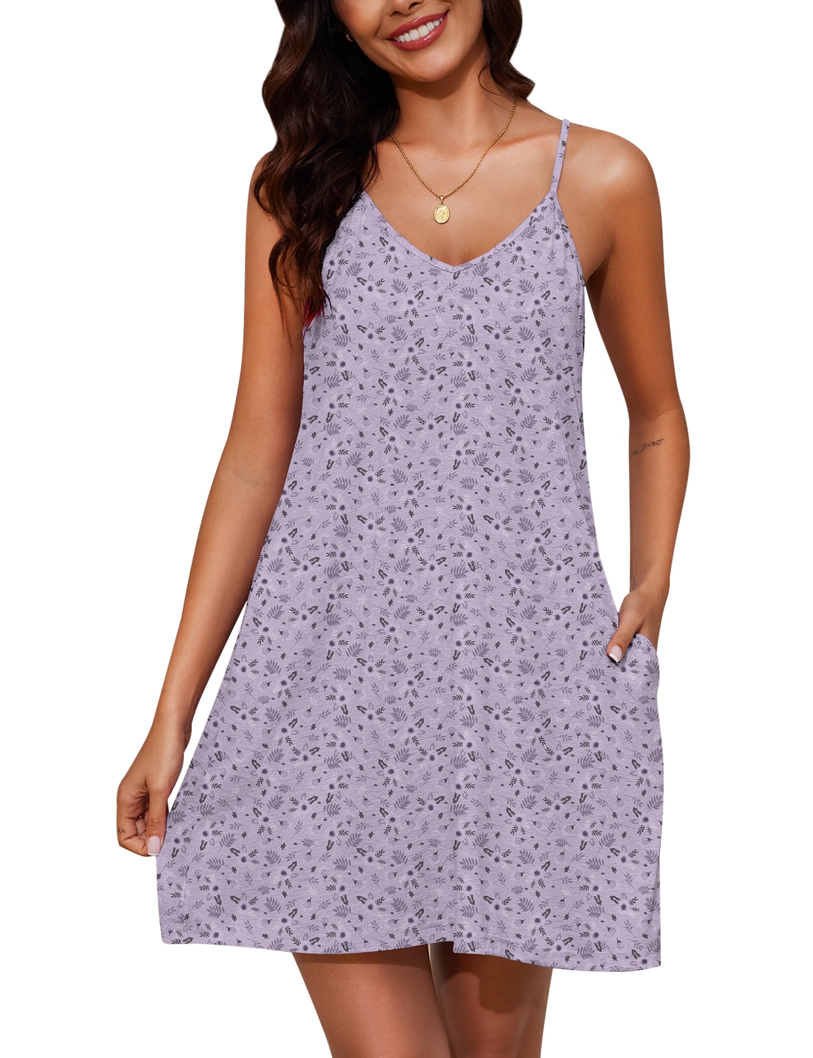 Marvmys Womens Cotton Sleeveless Nightgown Spaghetti Strap V Neck Full Slip Sleep Dress with Pockets WEBE CLOTHING