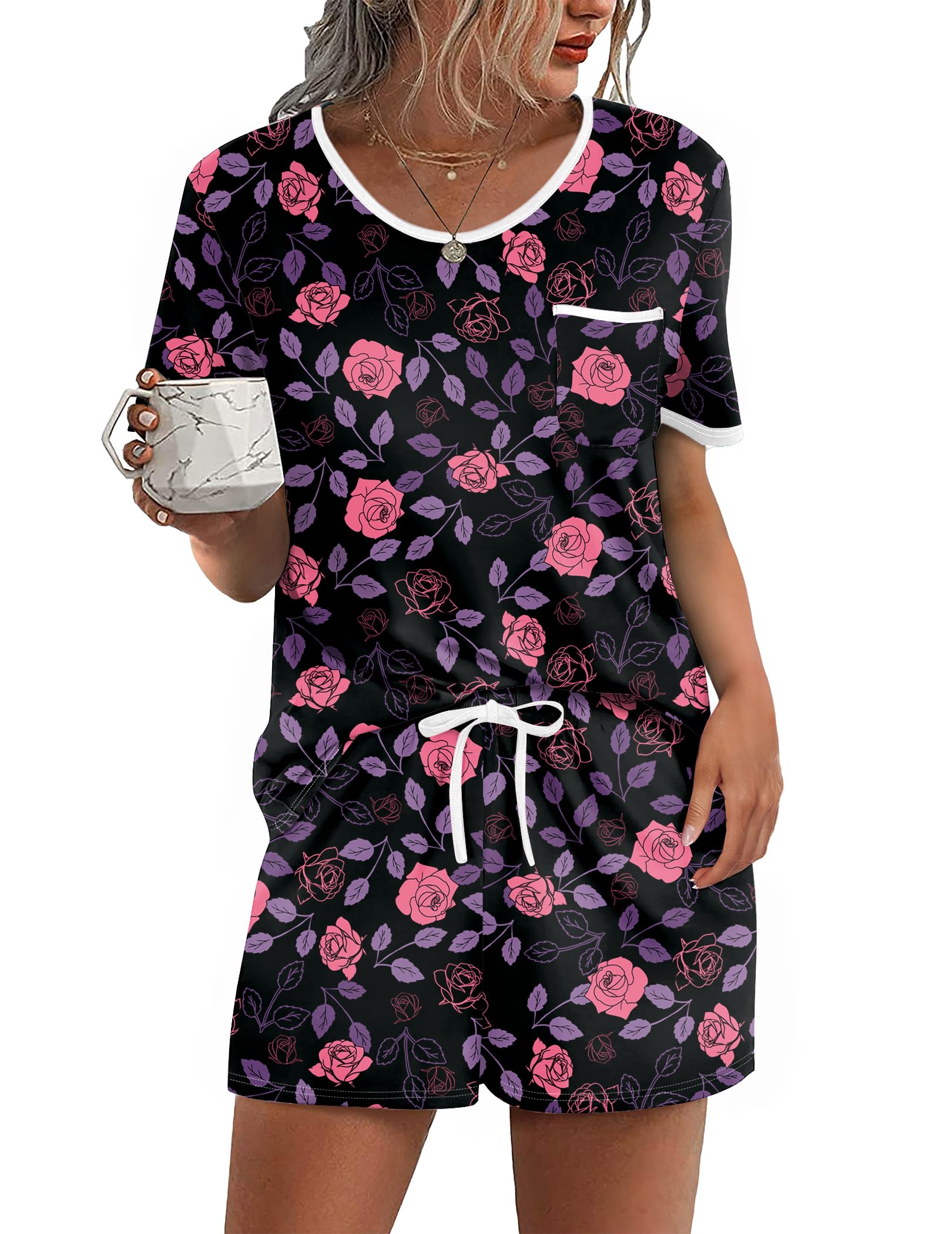 Ekouaer Pajama Set for Women 2 Piece Lounge Set Short Sleeve Tops and Shorts Soft Sleepwear, Chest Pocket