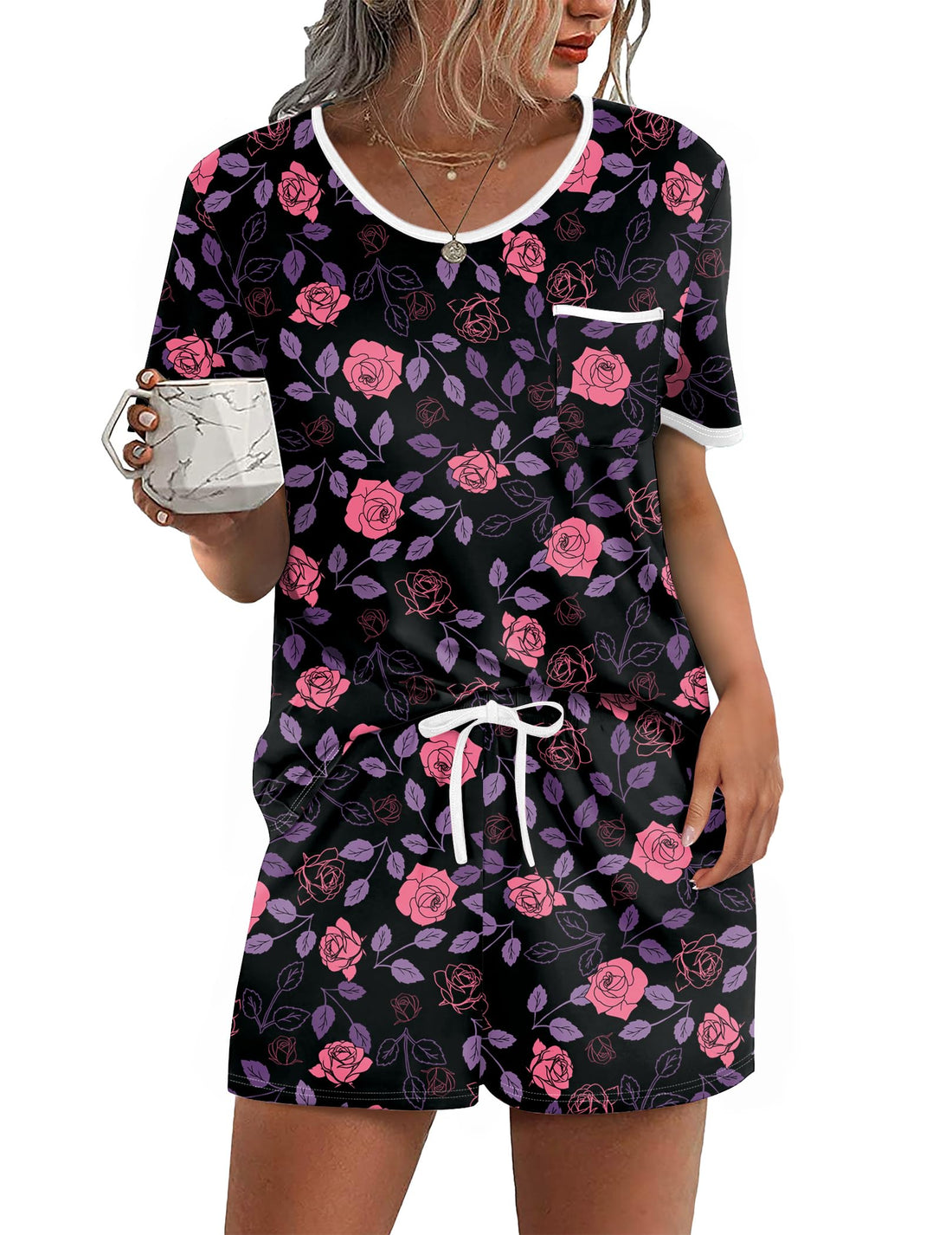 Ekouaer Pajama Set for Women 2 Piece Lounge Set Short Sleeve Tops and Shorts Soft Sleepwear, Chest Pocket
