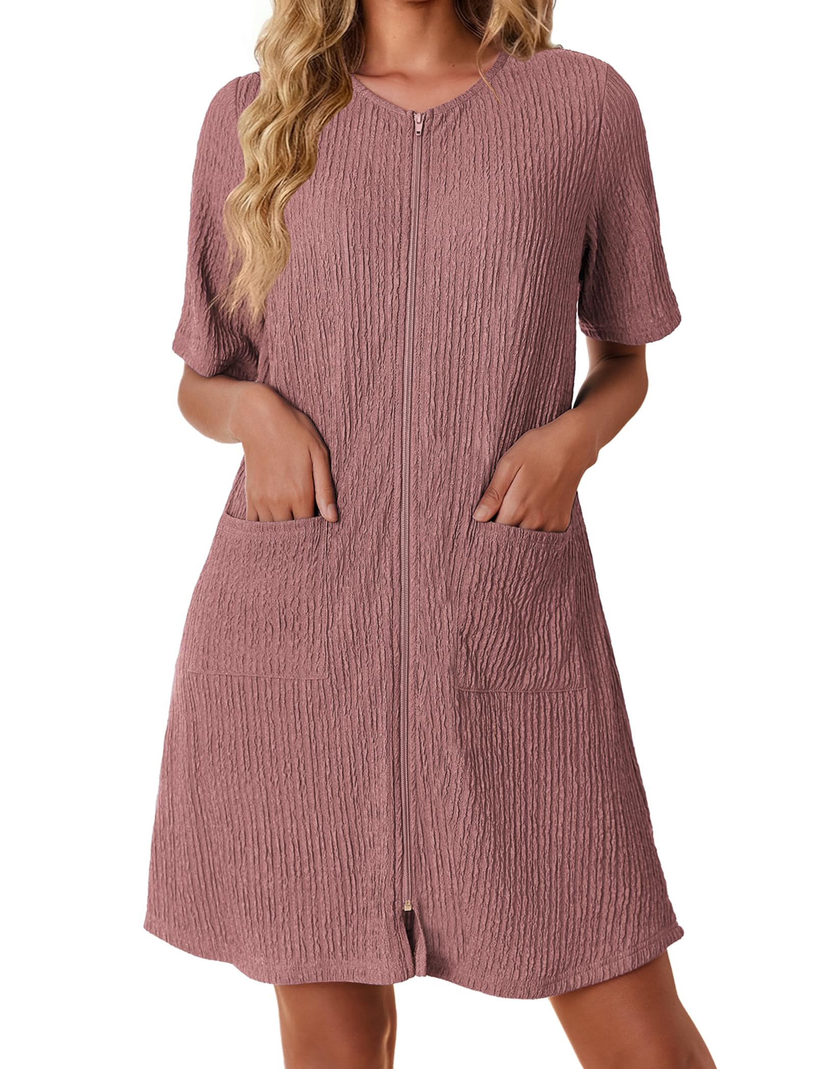 Ekouaer Women Zipper Robes Knit Short Bathrobe Lightweight House Coat with Pockets Soft Nightgown S-XXL WEBE CLOTHING