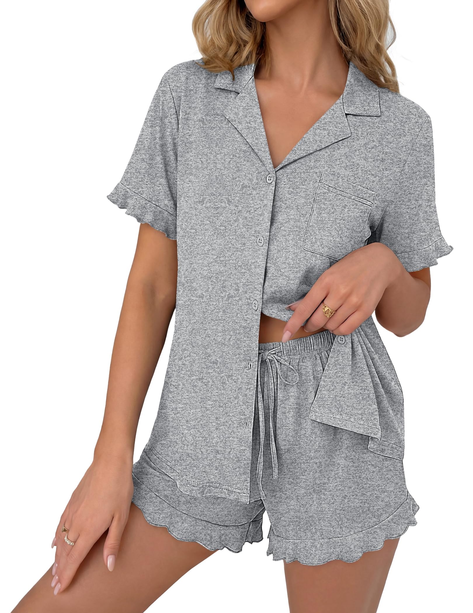 Ekouaer Pajamas Set for Women Button Down Pjs Lounge Sets Ruffle Short Sleeve Sleepwear Cute Loungewear