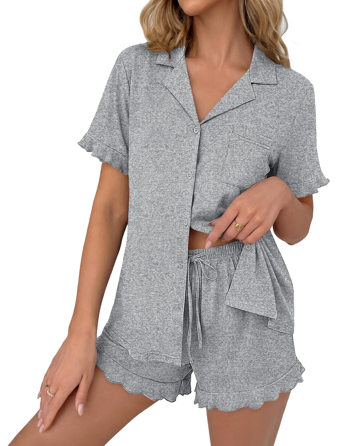 Ekouaer Pajamas Set for Women Button Down Pjs Lounge Sets Ruffle Short Sleeve Sleepwear Cute Loungewear