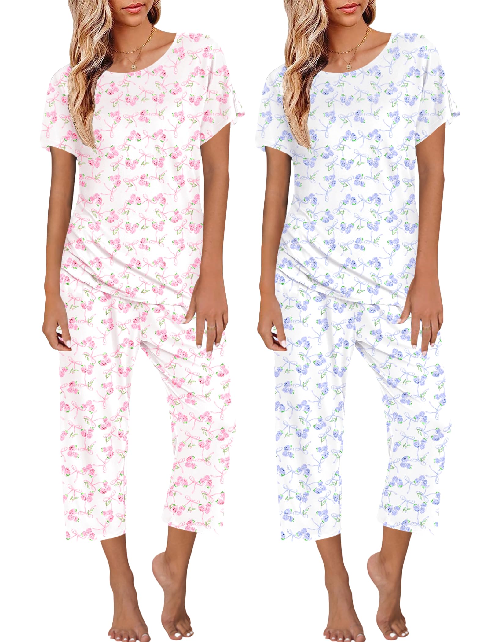 Ekouaer 2 Pack Womens Pajamas Sets Short Sleeve Tops and Capri Pants Pjs Colorful Printed Sleepwear Sets