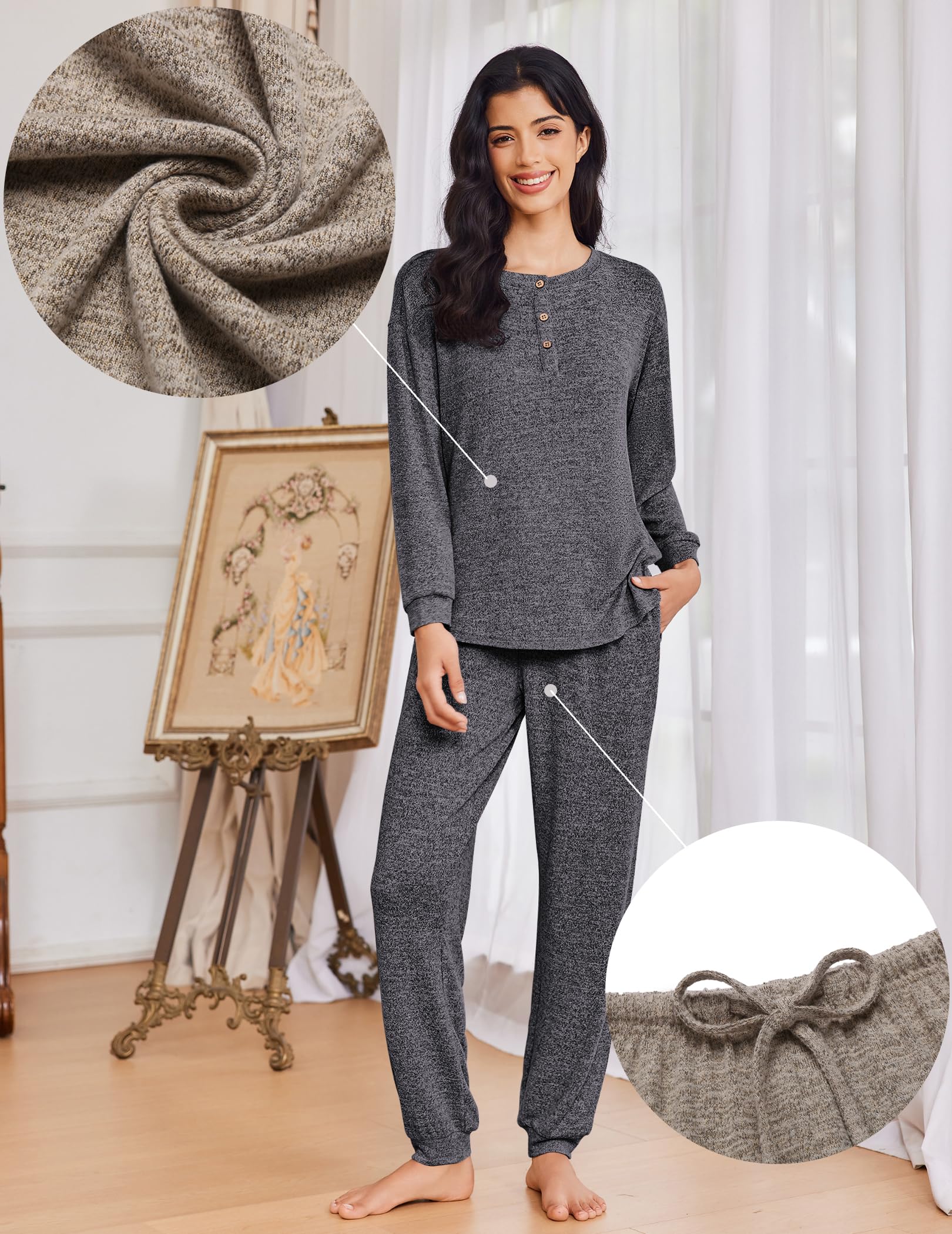 Ekouaer Womens Pajama Sets Long Sleeve Lounge Set 2 Piece Pj Sets for Women Henley Neck Casual Sleepwear Loungewear S-XXL
