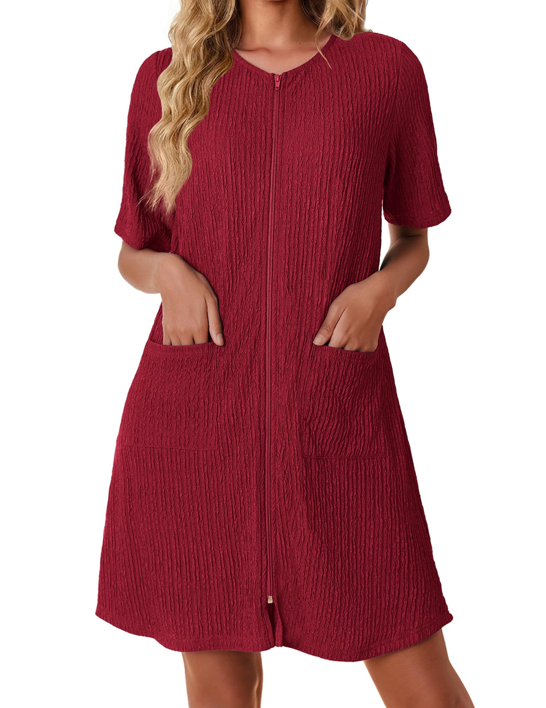 Ekouaer Women Zipper Robes Knit Short Bathrobe Lightweight House Coat with Pockets Soft Nightgown S-XXL WEBE CLOTHING