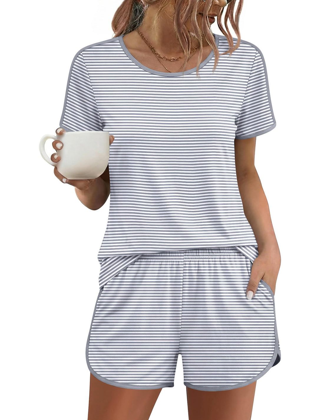 Ekouaer Womens Pajama Sets Short Sleeve Sleepwear Soft Pjs Sets Round Neck Summer 2 Piece Lounge Set with Pockets S-XXL