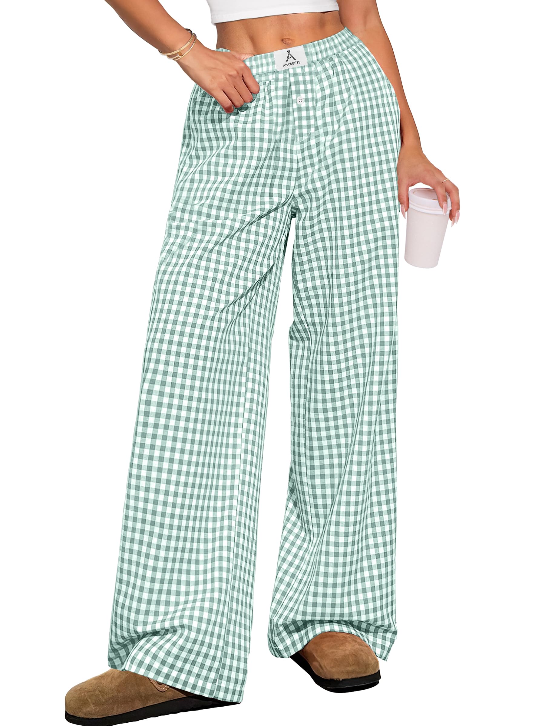 ANRABESS Womens Gingham Striped Boxer Pants | Wide Leg Elastic Waist with Pockets, Lounge Pajama Bottoms Home Daily Wear, Lightweight Breathable, Casual Summer Fall