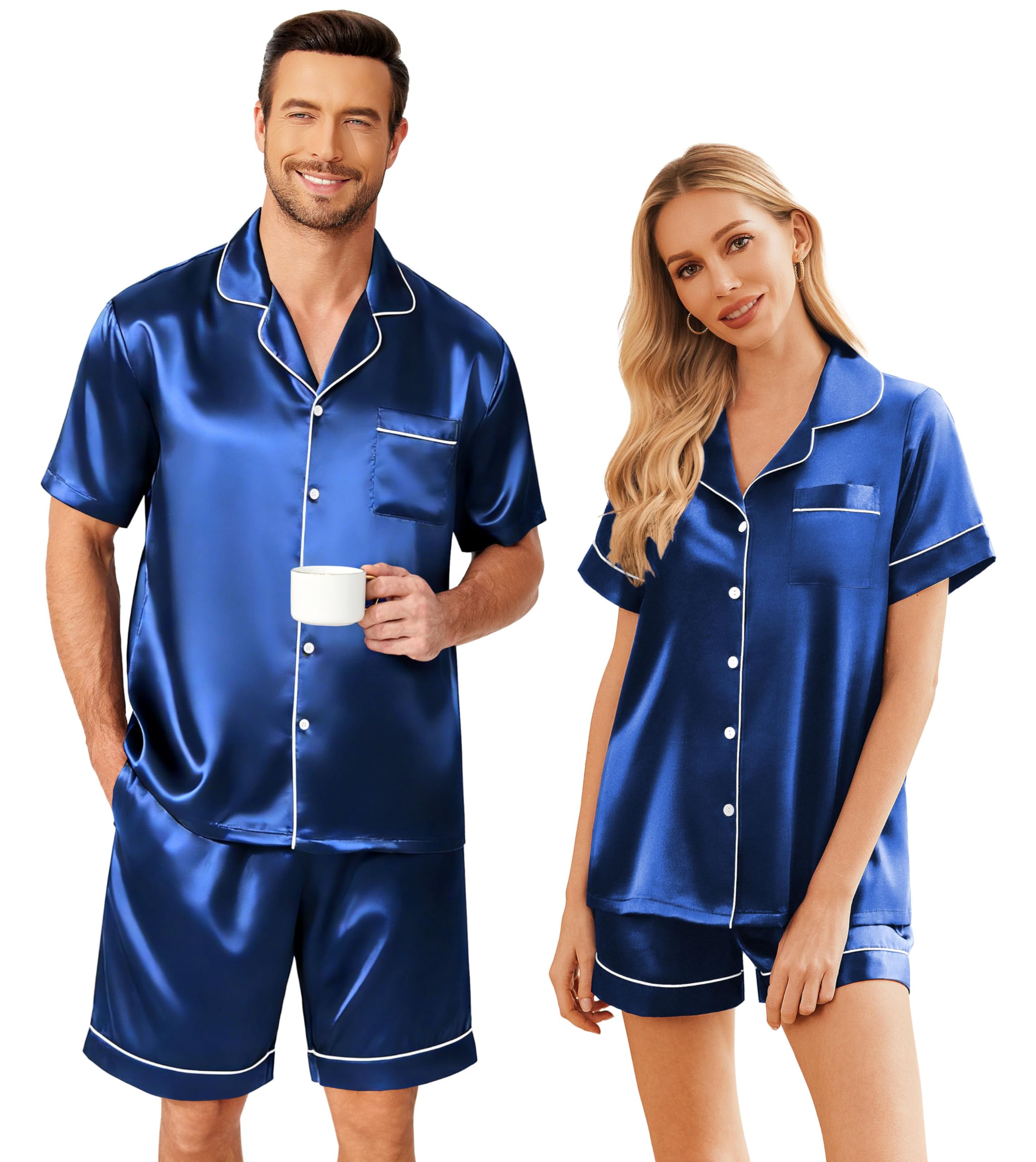 Ekouaer Couple Matching Pajamas Sets Silk Short Sleeve Button Down Sleepwear Satin Pjs Shorts Set Soft Loungewear S-XXL