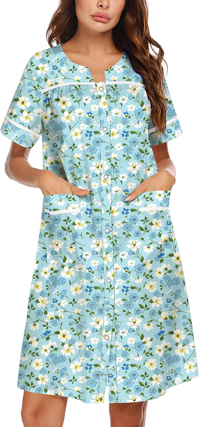 Ekouaer Nightgowns for Women House Dress with Pockets Snap Front House Coat | Duster Mumu Dress, Short Sleeve Moo Moos, Plus Size Sleepwear, Casual Lounge Dress, Labor Delivery Gown, Daily Wear, Home