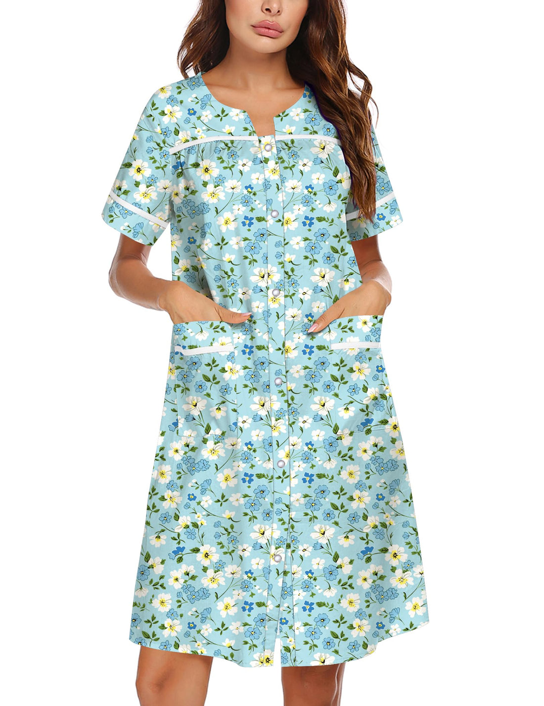 Ekouaer Nightgowns for Women House Dress with Pockets Snap Front House Coat | Duster Mumu Dress, Short Sleeve Moo Moos, Plus Size Sleepwear, Casual Lounge Dress, Labor Delivery Gown, Daily Wear, Home