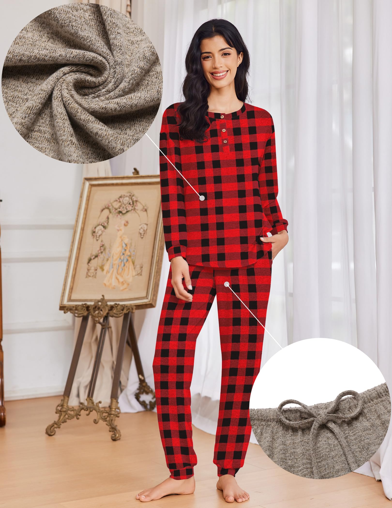 Ekouaer Womens Pajama Sets Long Sleeve Lounge Set 2 Piece Pj Sets for Women Henley Neck Casual Sleepwear Loungewear S-XXL