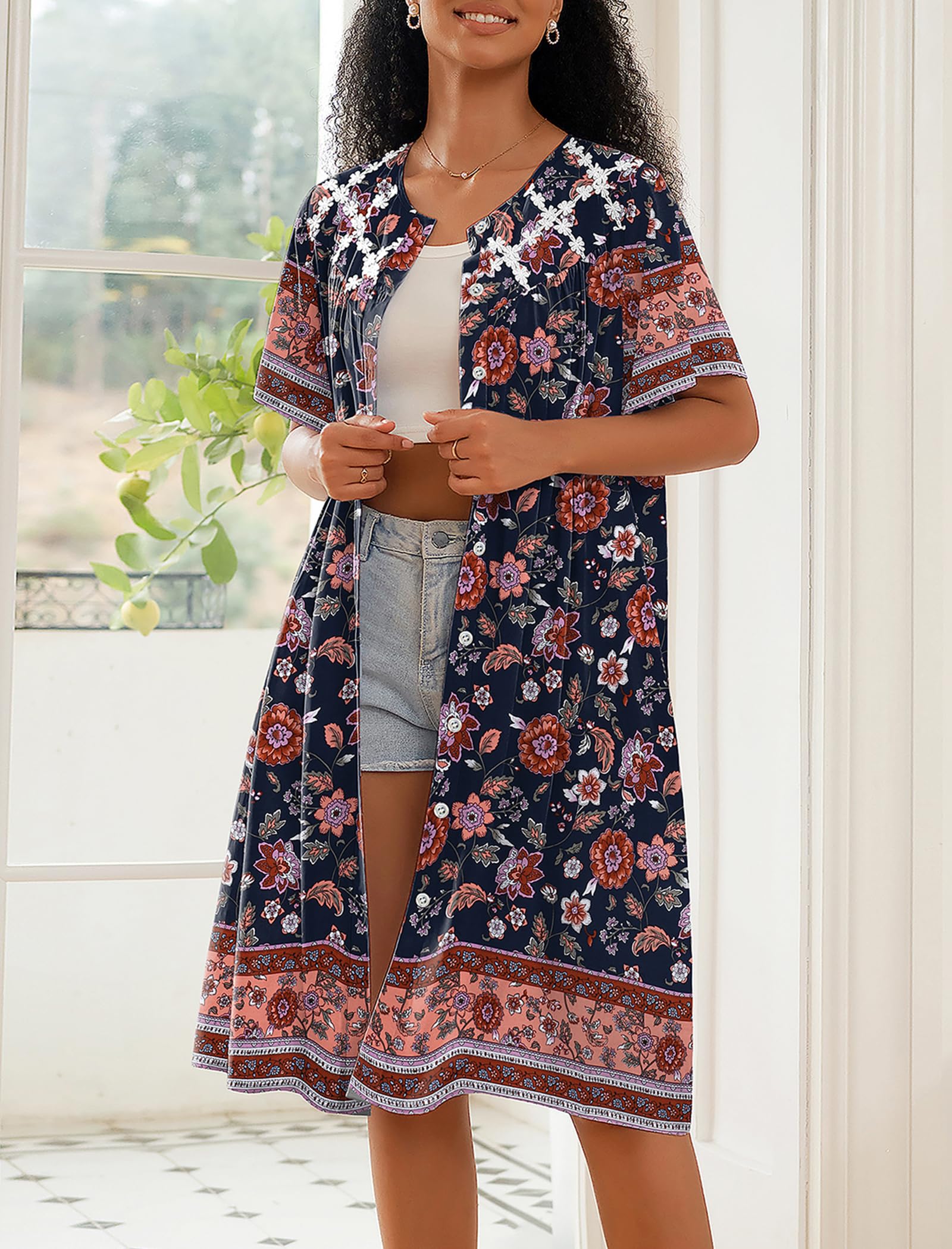 Ekouaer House Dress for Women Button Down Nightgown Short Sleeve Housecoat with pockets S-4XL WEBE CLOTHING