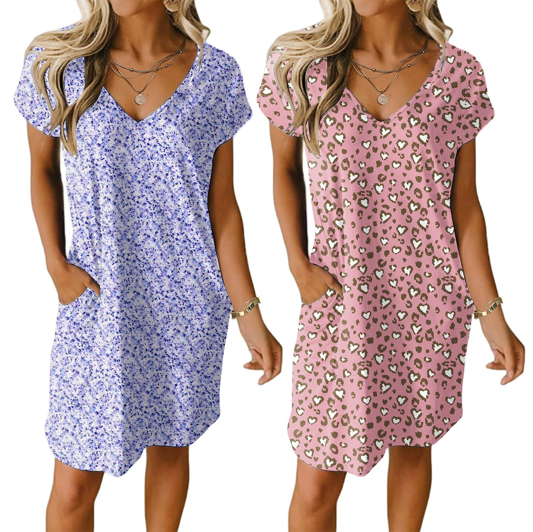 Ekouaer Womens 2 Pack Nightgown V Neck Sleepshirt Short Sleeve Nightshirt Plain/Floral Pajama Dress with Pockets