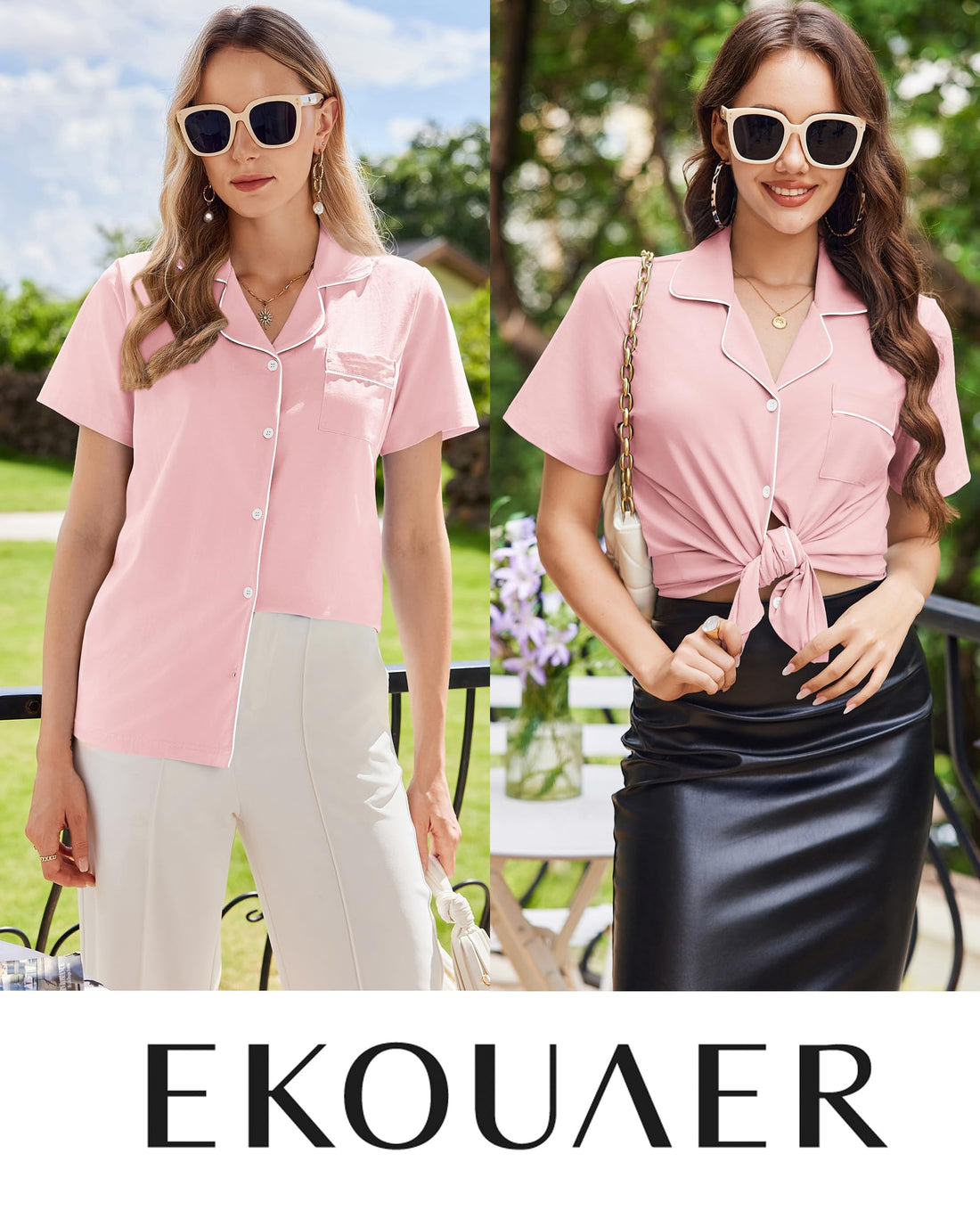 Ekouaer Cotton Pajama Sets for Women Button Down Short Sleeve PJs Comfort Classic Sleep Set Loungewear