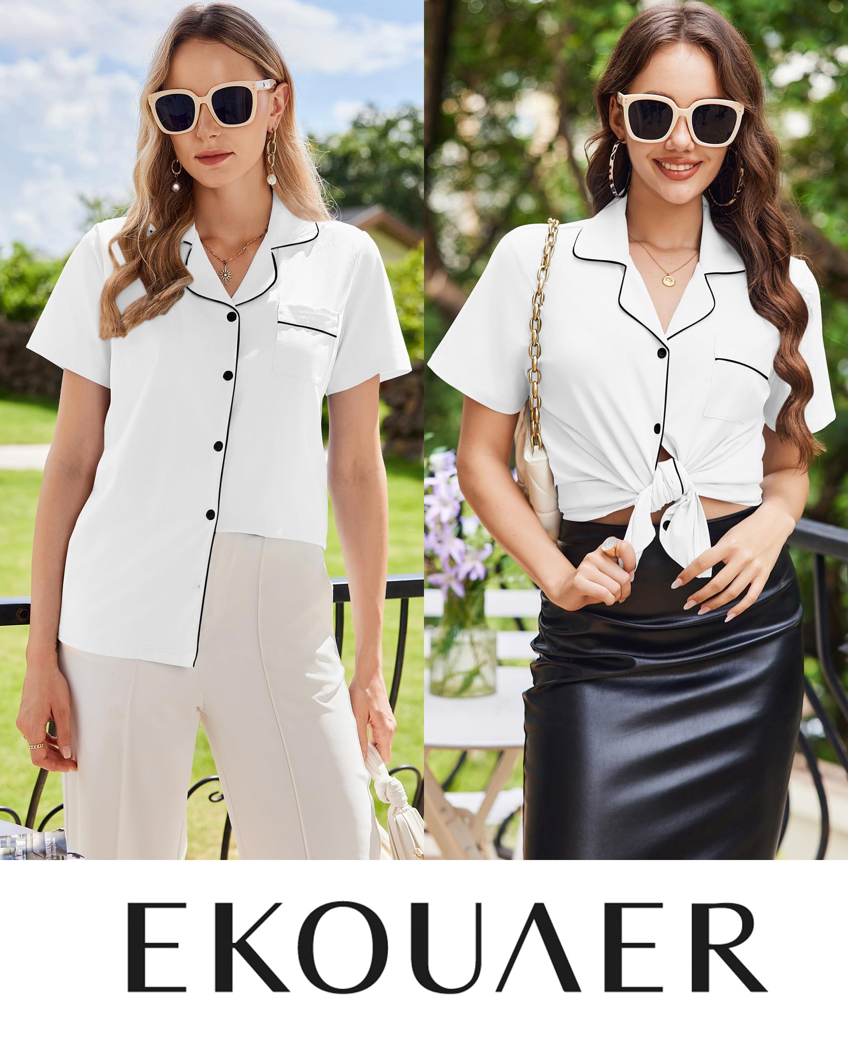 Ekouaer Cotton Pajama Sets for Women Button Down Short Sleeve PJs Comfort Classic Sleep Set Loungewear
