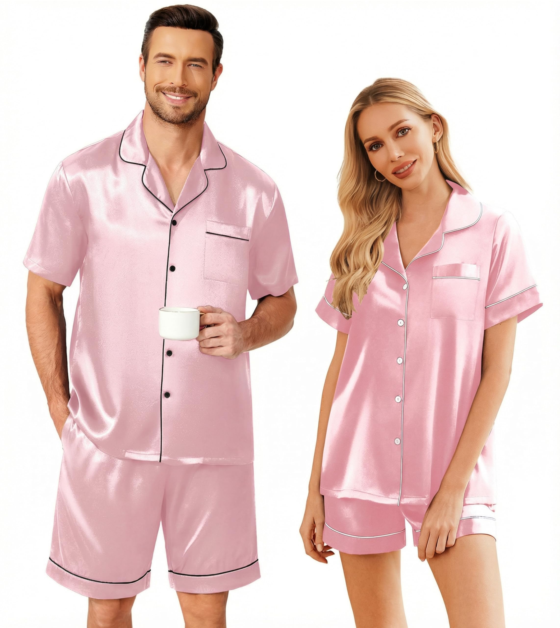Ekouaer Couple Matching Pajamas Sets Silk Short Sleeve Button Down Sleepwear Satin Pjs Shorts Set Soft Loungewear S-XXL
