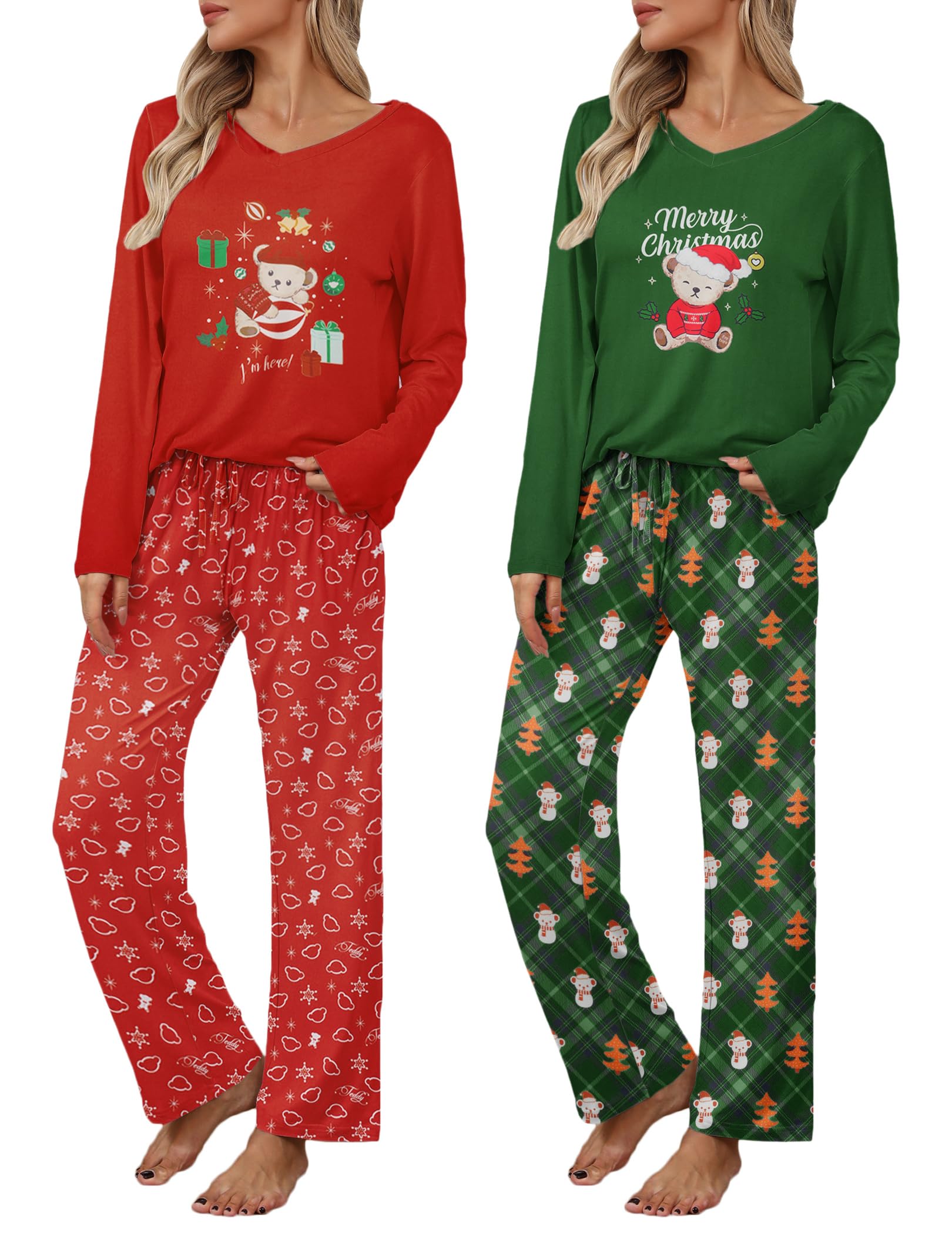 Ekouaer Womens 2 Pack Pajama Set Long Sleeve Pajamas Top and Pants V Neck Pjs Set Soft Loungewear with Pockets