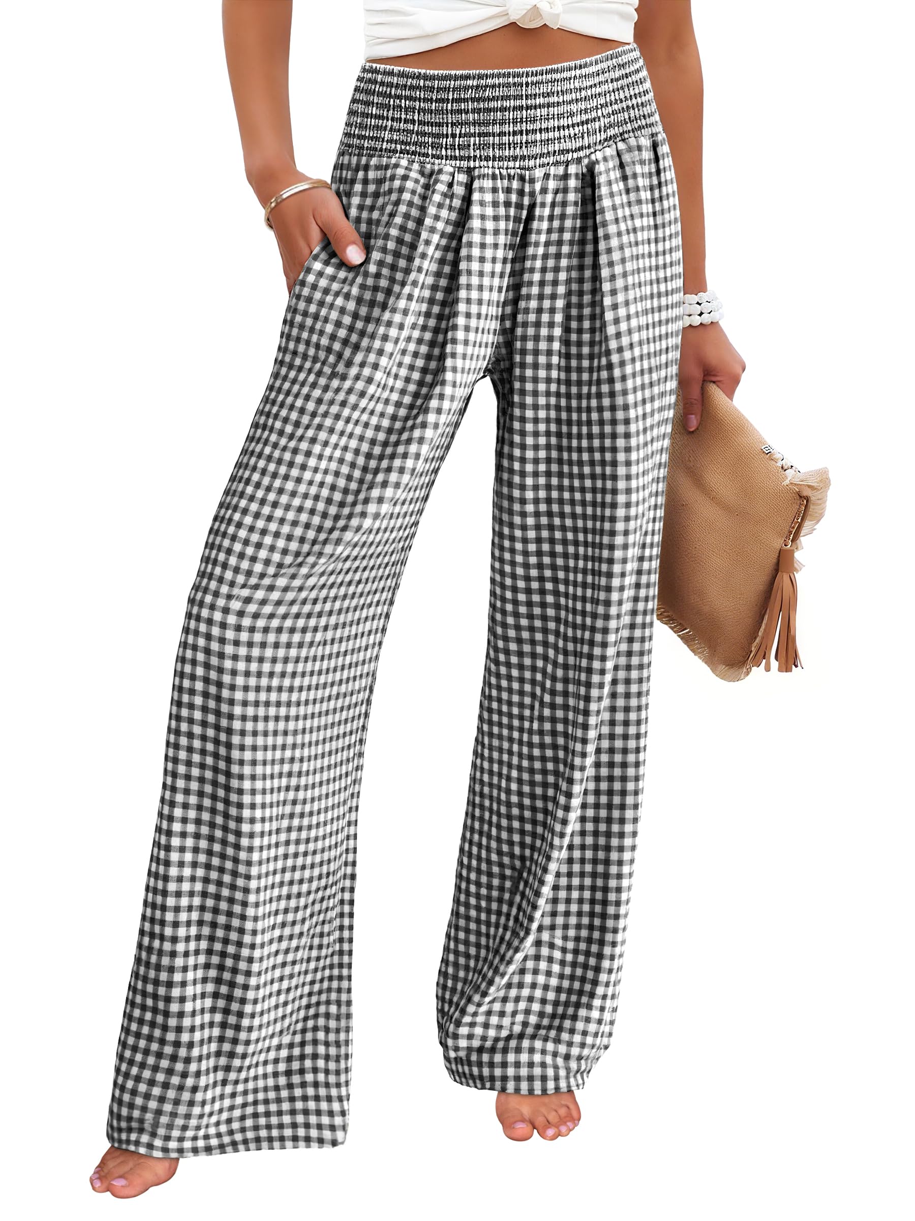 ANRABESS Womens Striped Gingham Palazzo Pants | Wide Leg Smocked High Waisted Pajama Pants, Lounge & Casual, Summer Fall Cute Pants with Pockets