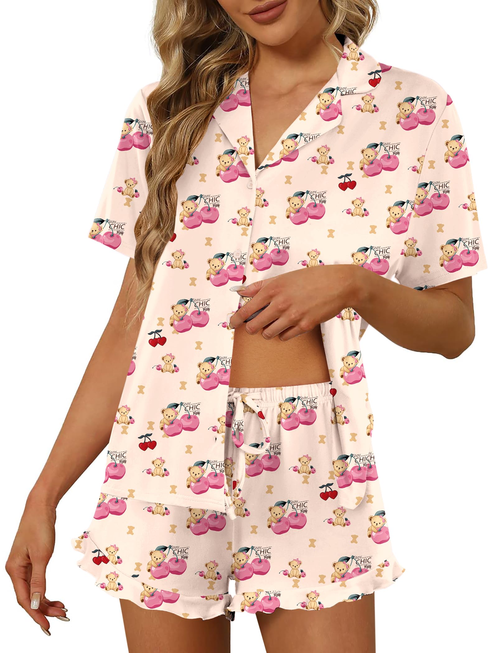 Ekouaer Pajamas Set for Women Short Sleeve Sleepwear Button Down Pjs Lounge Sets Soft Nightwear