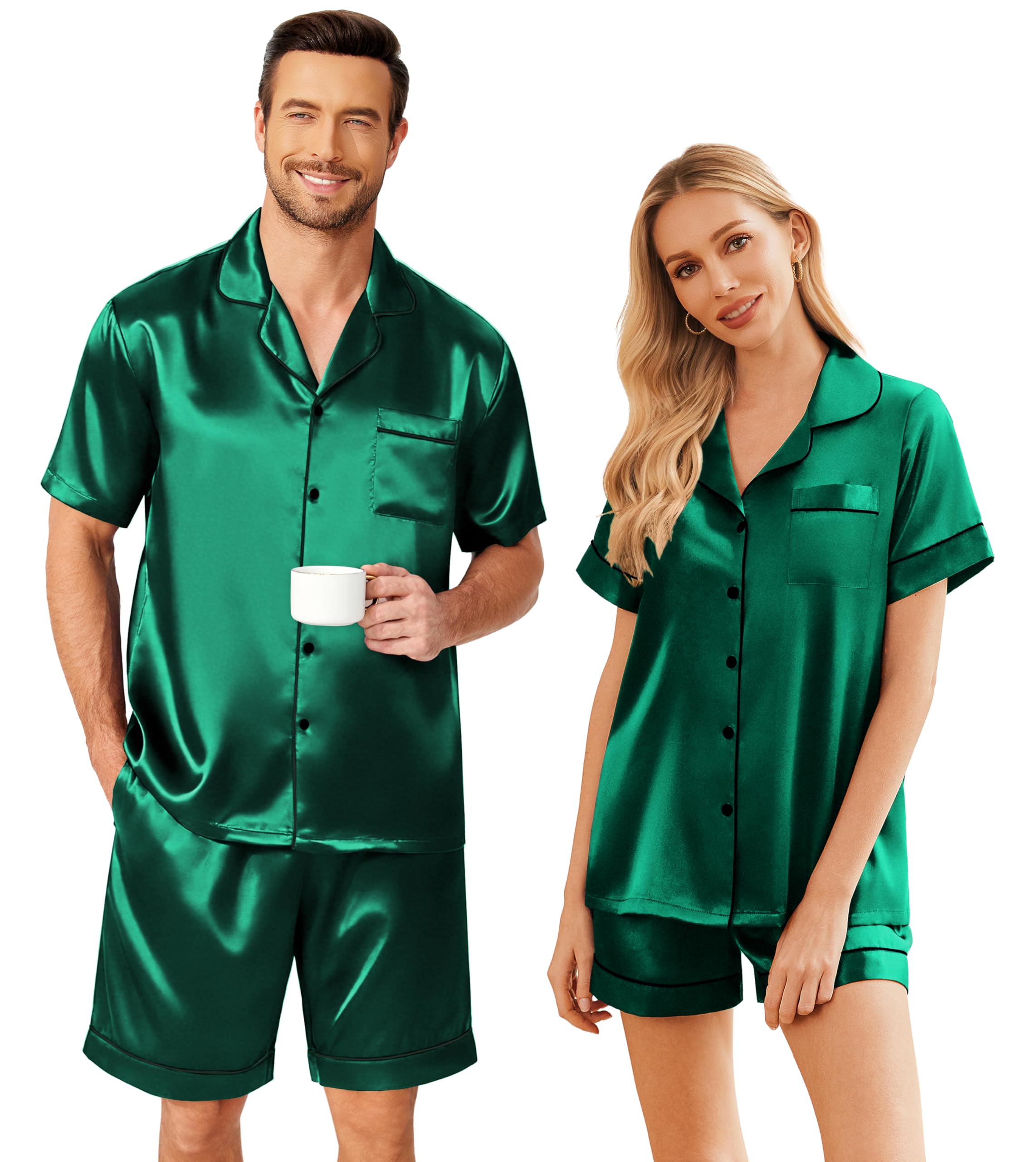 Ekouaer Couple Matching Pajamas Sets Silk Short Sleeve Button Down Sleepwear Satin Pjs Shorts Set Soft Loungewear S-XXL