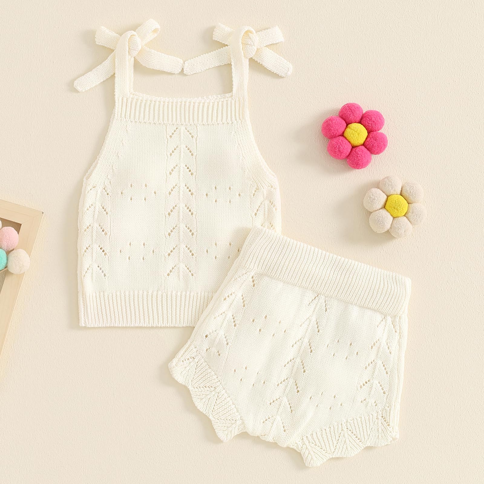 TheFound Toddler Baby Girls Knitted Outfit Tie-up Tank Top Elastic Waist Flower Shorts Summer Clothes 6 12 18 24 Months 2t 3t WEBE CLOTHING