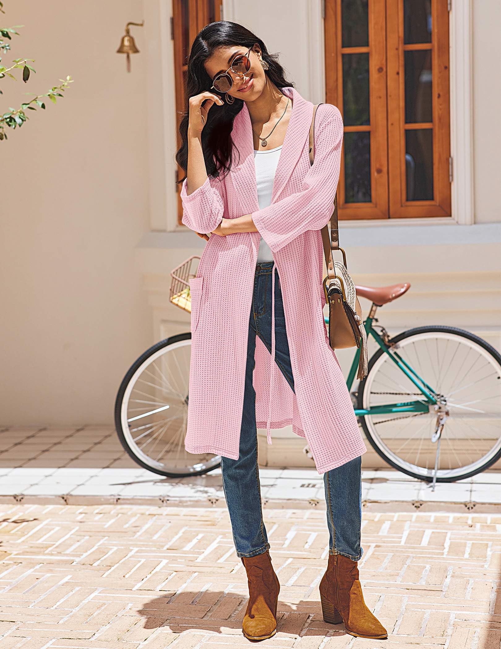 Ekouaer Robes for Women Waffle Knit Kimono Bathrobe Loungewear with Pockets | Maternity,Lightweight,Knee Length, Soft,Comfy,Robe,Floral Print,House Coat