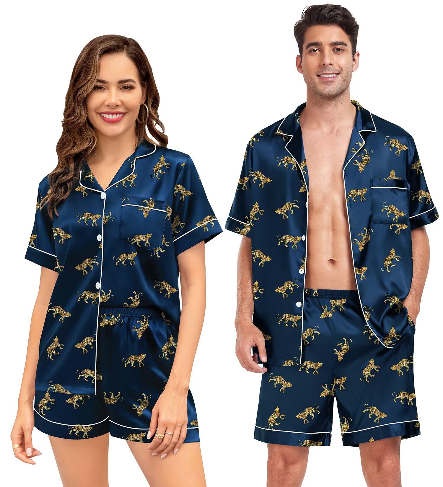 SWOMOG Couple Matching Pajamas Sets Women & Men Button Down Silk Pjs Men Short Sleeve Soft Lounge Sets 2 Pcs Loungewear