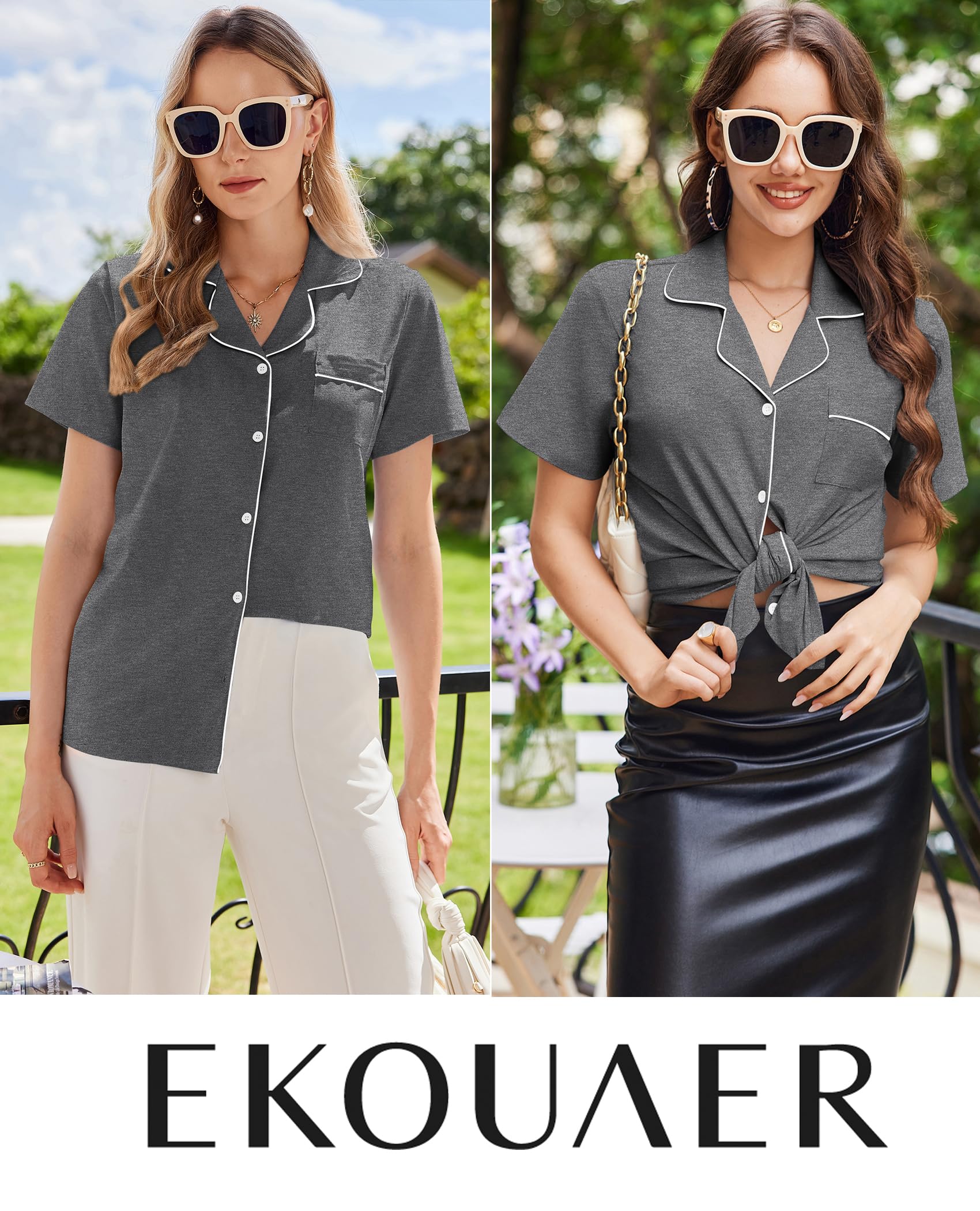 Ekouaer Cotton Pajama Sets for Women Button Down Short Sleeve PJs Comfort Classic Sleep Set Loungewear
