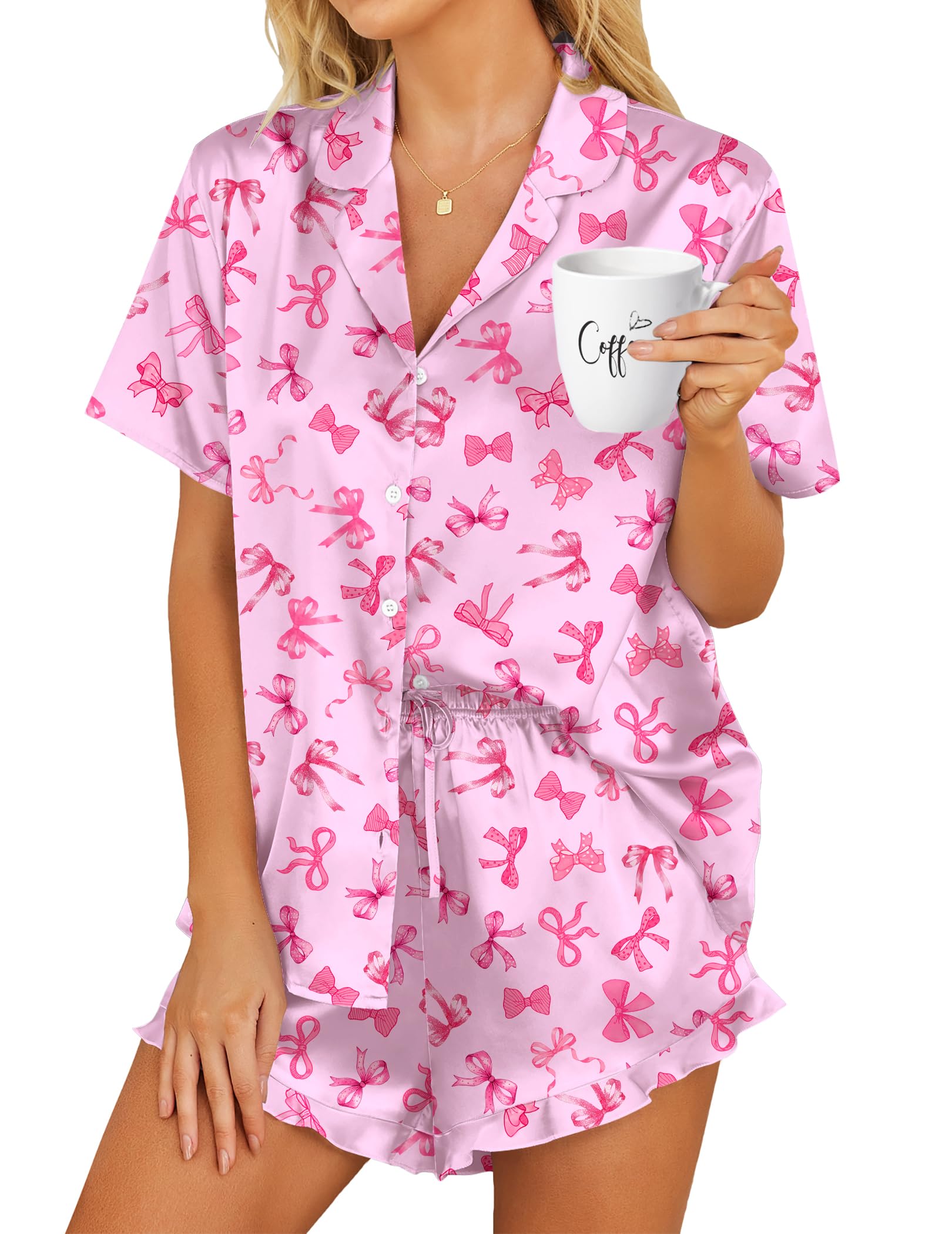 HOTOUCH Womens Satin Pajamas Set Button Down 2 Piece Silk Pjs Shorts Set Ruffle Lingerie Notch Collar Sleepwear