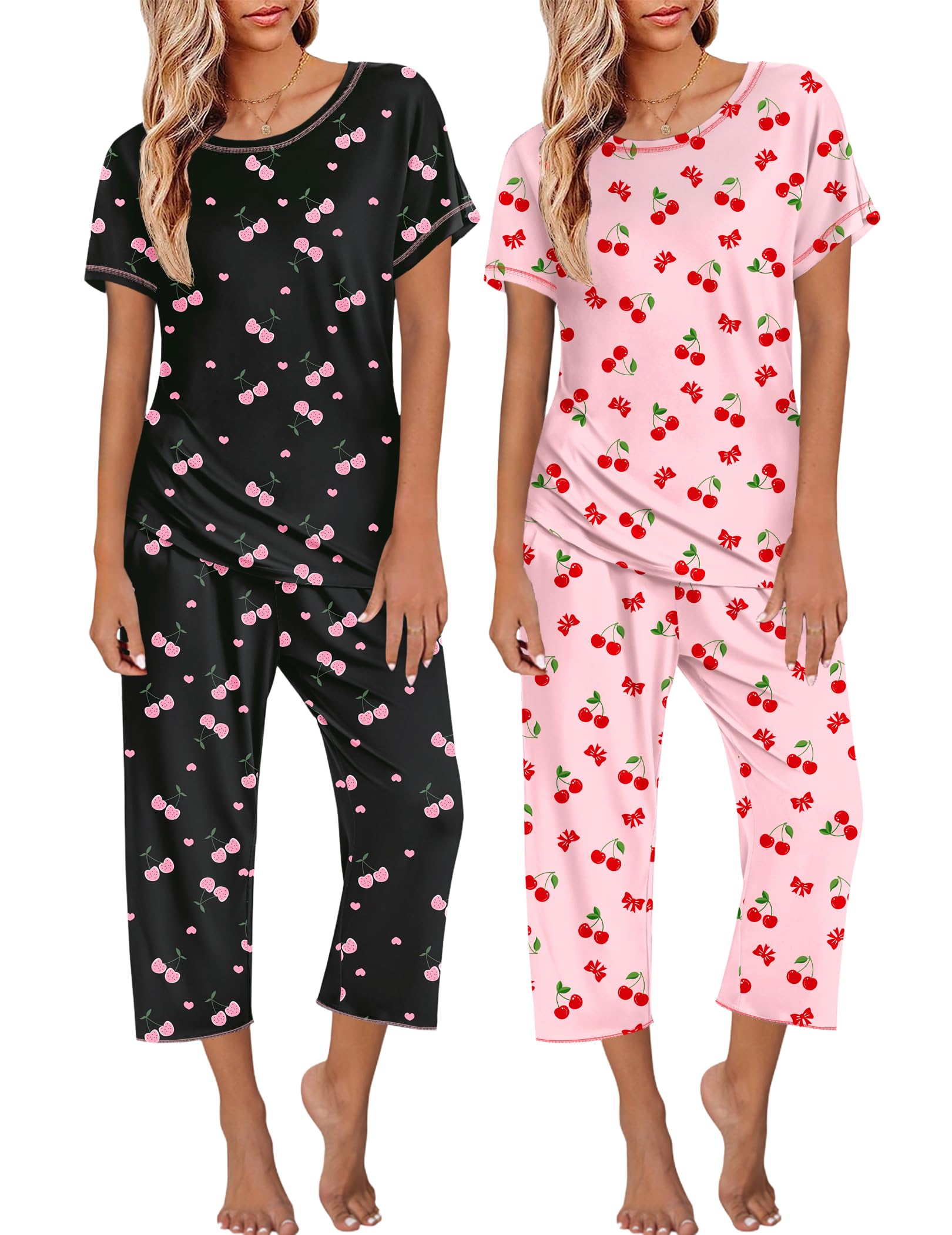 Ekouaer 2 Pack Womens Pajamas Sets Short Sleeve Tops and Capri Pants Pjs Colorful Printed Sleepwear Sets