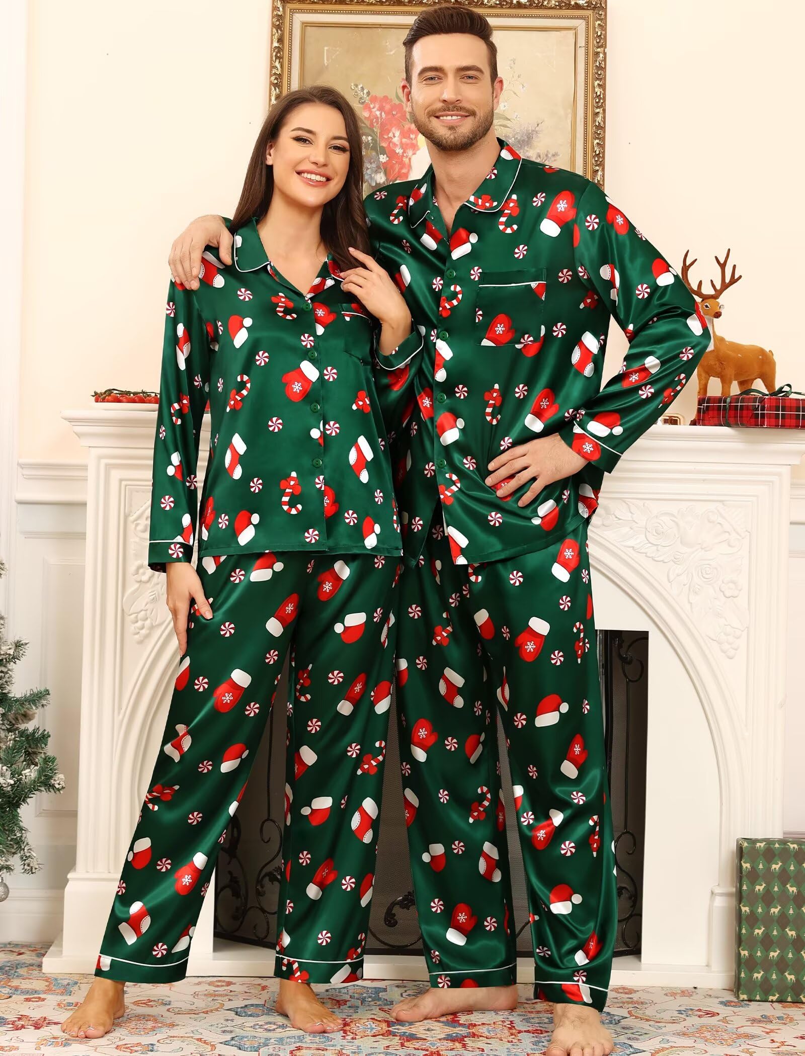 SWOMOG Family Matching Pajama Set 2Pcs Silk Satin Sleepwear Long Sleeve Button Down Loungewear